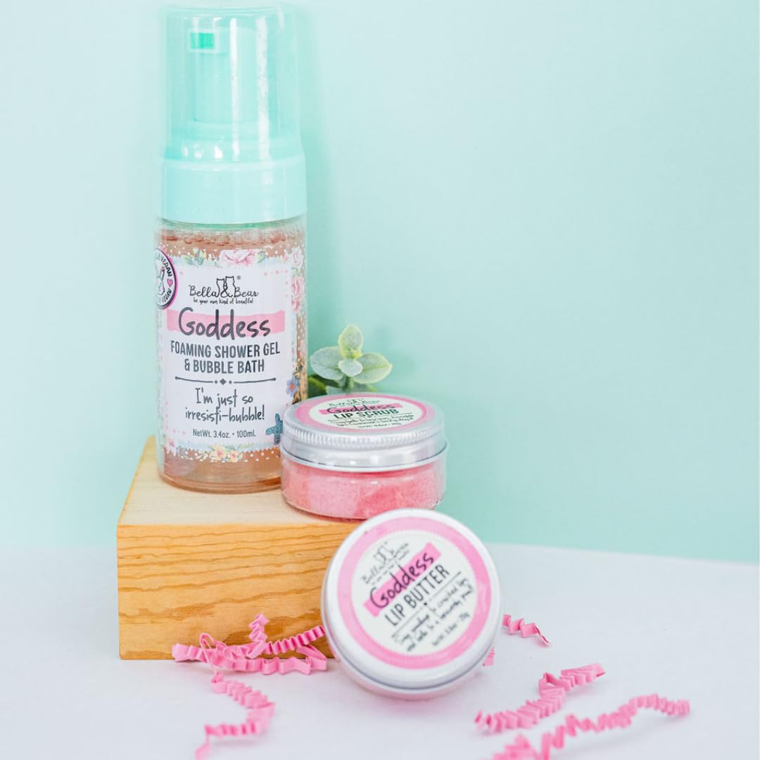 Bella & Bear Goddess Mini Gift Set — 2-in-1 Shower Gel, Bubble Bath, Lip Scrub & Lip Butter