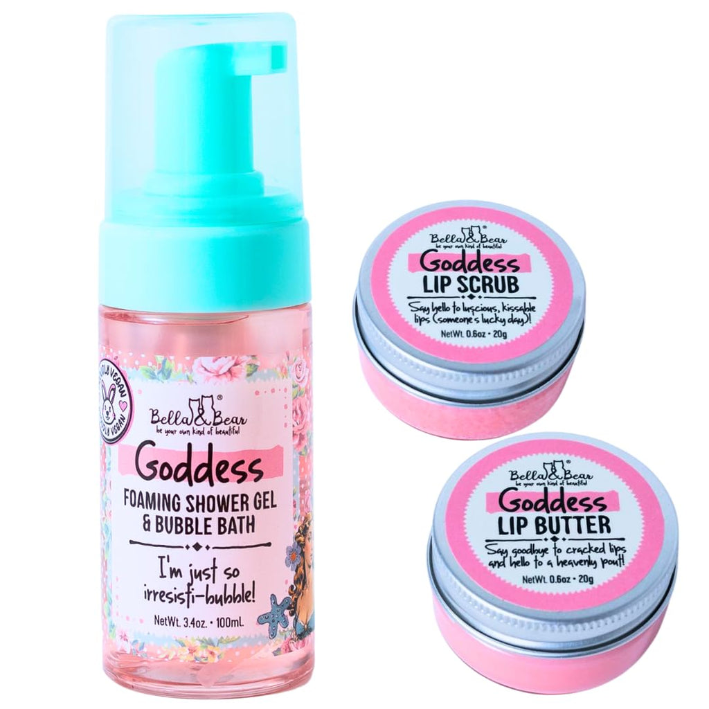 Bella & Bear Goddess Mini Gift Set — 2-in-1 Shower Gel, Bubble Bath, Lip Scrub & Lip Butter