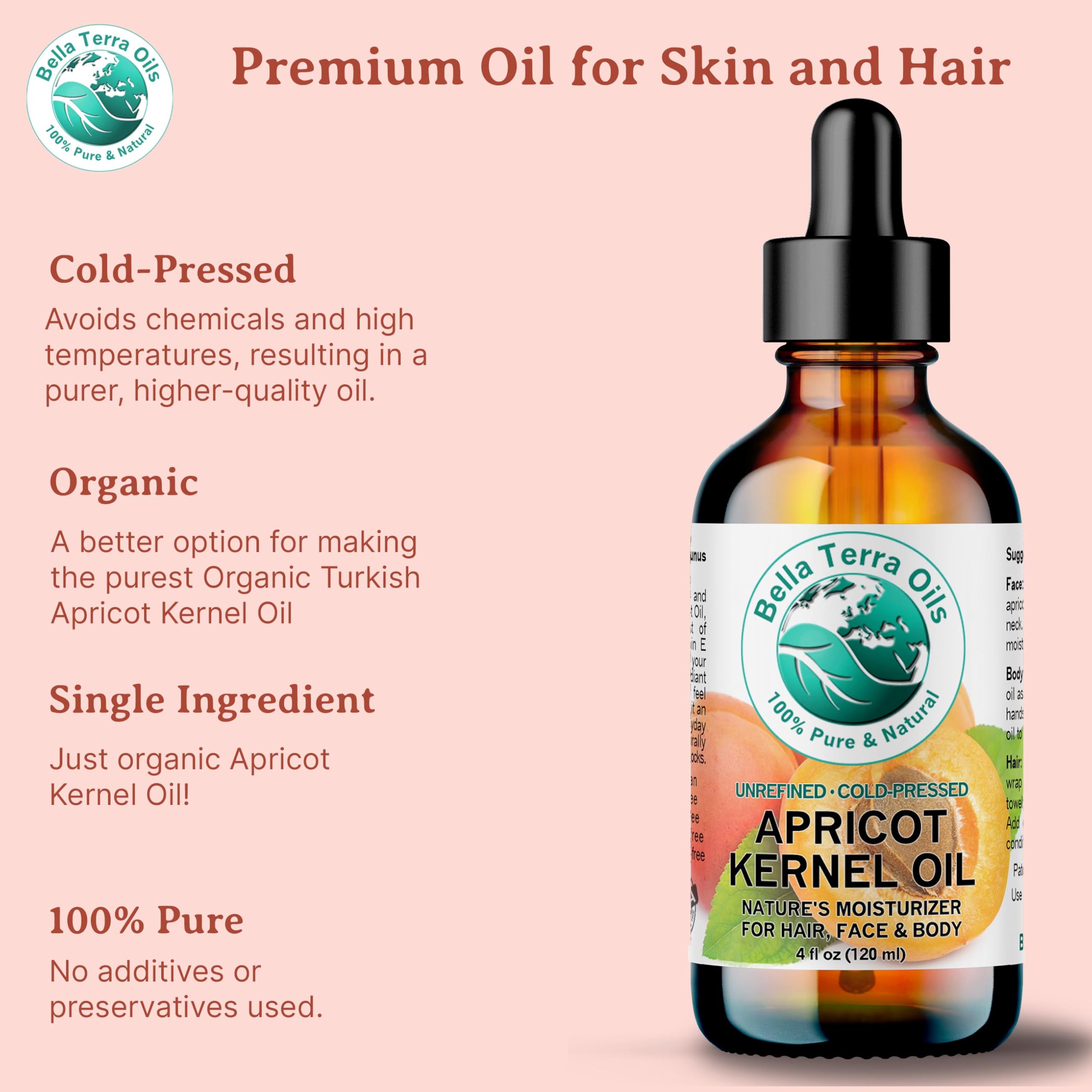 Bella Terra Oils Organic Apricot Seed Oil 8 oz — Cold-Pressed Carrier for Skin & Hair