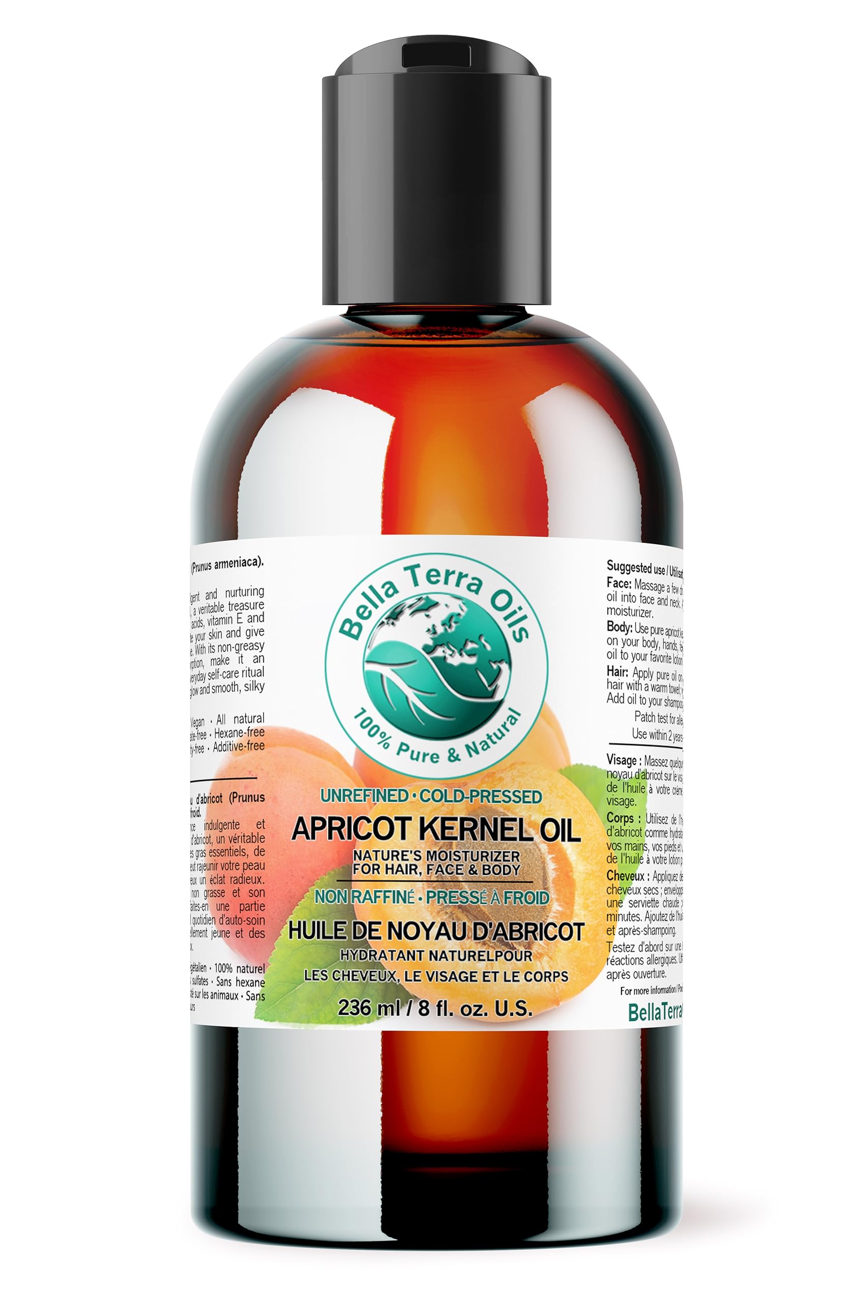 Bella Terra Oils Organic Apricot Seed Oil 8 oz — Cold-Pressed Carrier for Skin & Hair