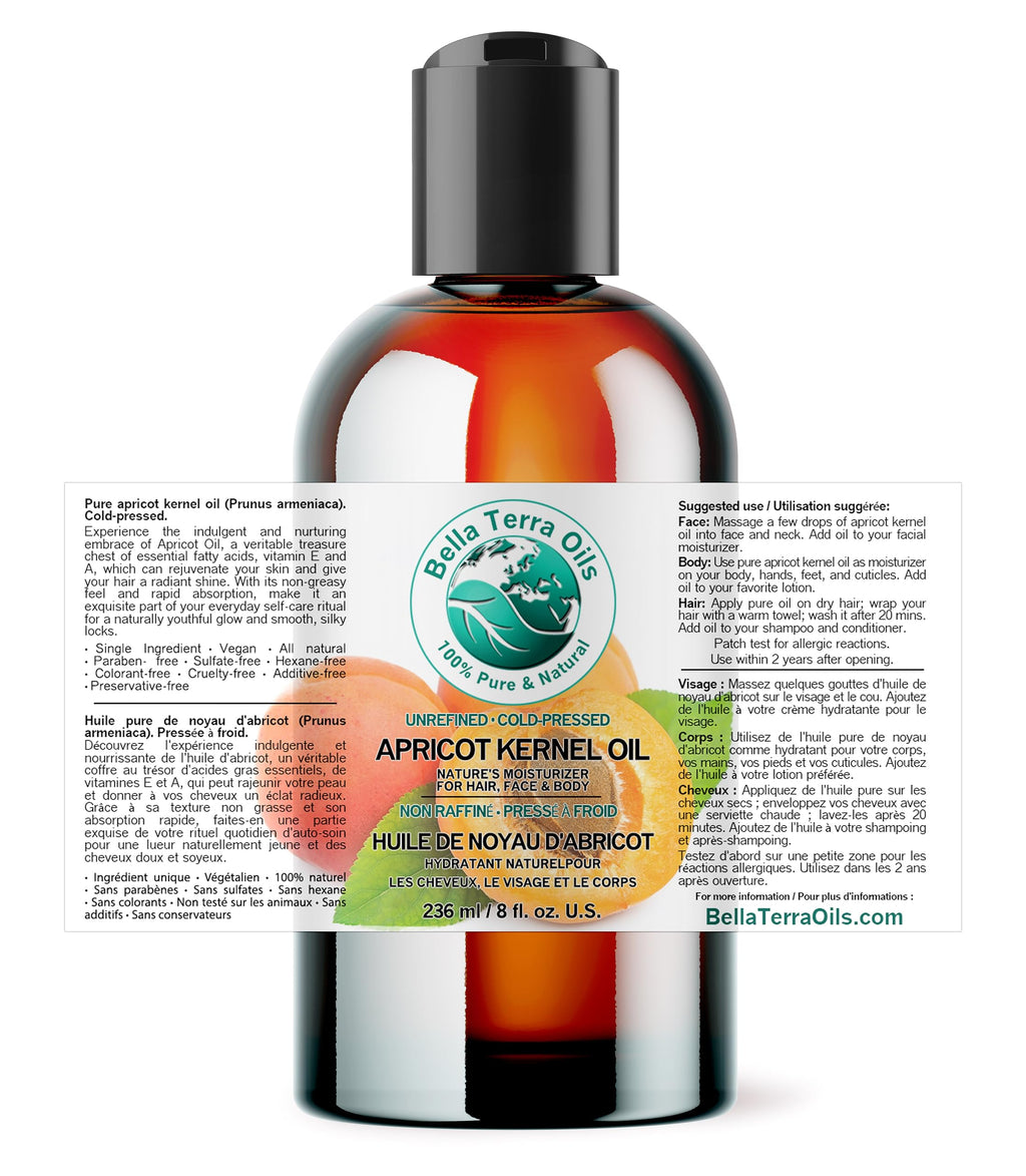 Bella Terra Oils Organic Apricot Seed Oil 8 oz — Cold-Pressed Carrier for Skin & Hair