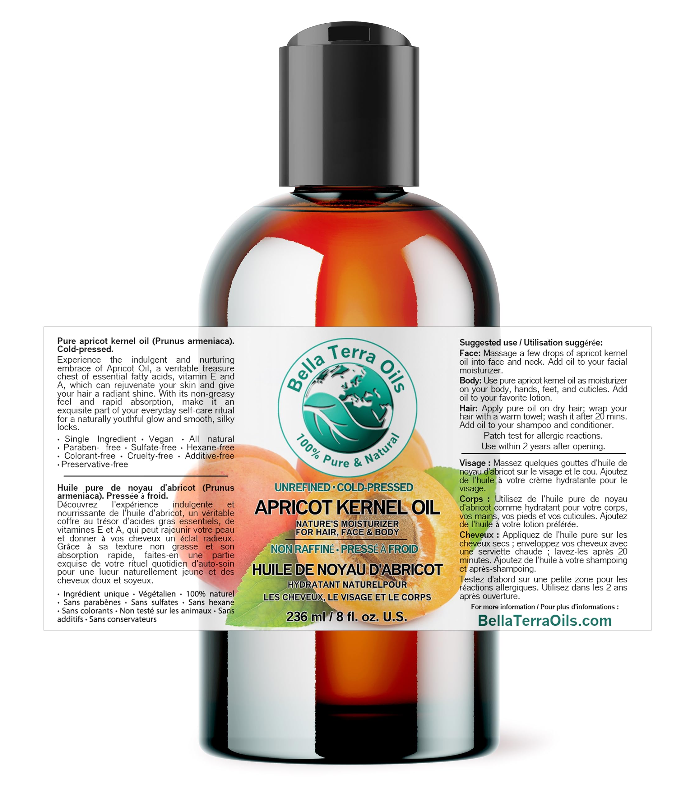 Bella Terra Oils Organic Apricot Seed Oil 8 oz — Cold-Pressed Carrier for Skin & Hair