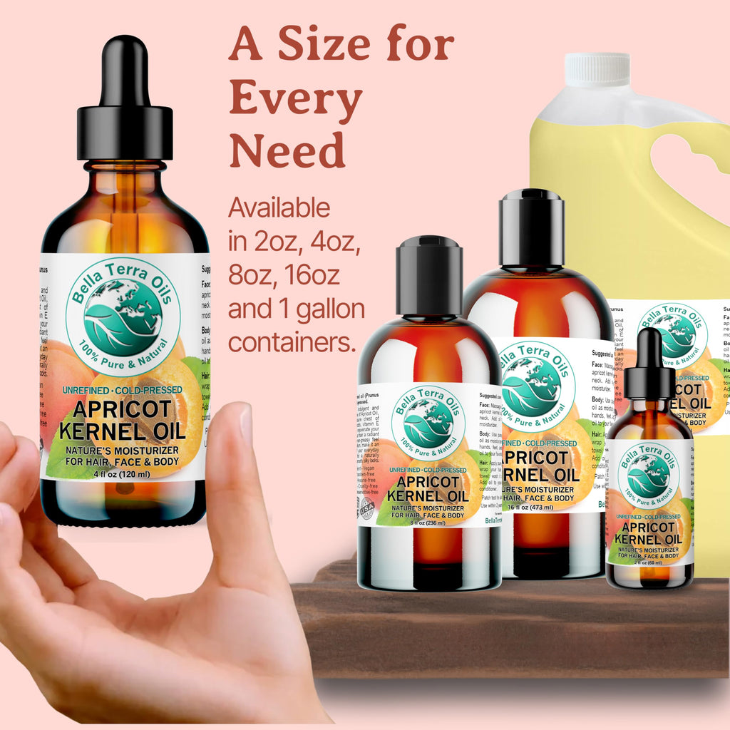 Bella Terra Oils Organic Apricot Seed Oil 8 oz — Cold-Pressed Carrier for Skin & Hair