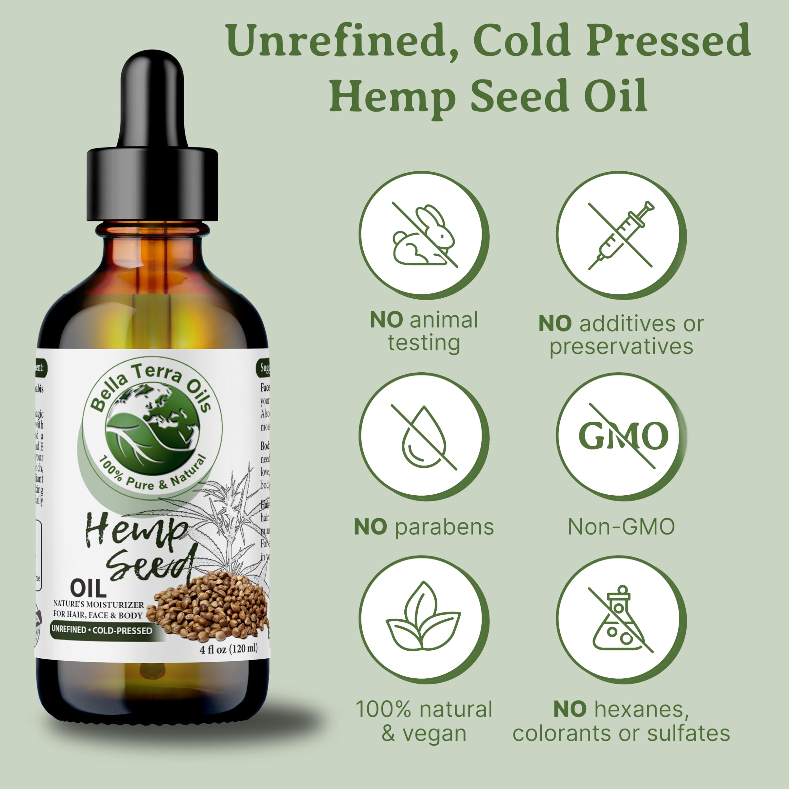 Bella Terra Oils Hemp Seed Oil 8 oz — Cold-Pressed, Pure & Nutrient-Rich