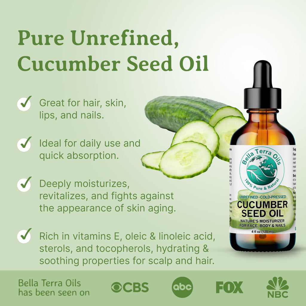 Bella Terra Oils Cucumber Seed Oil 4 oz | Hydration, Linoleic Acid & Phytosterols for Skin