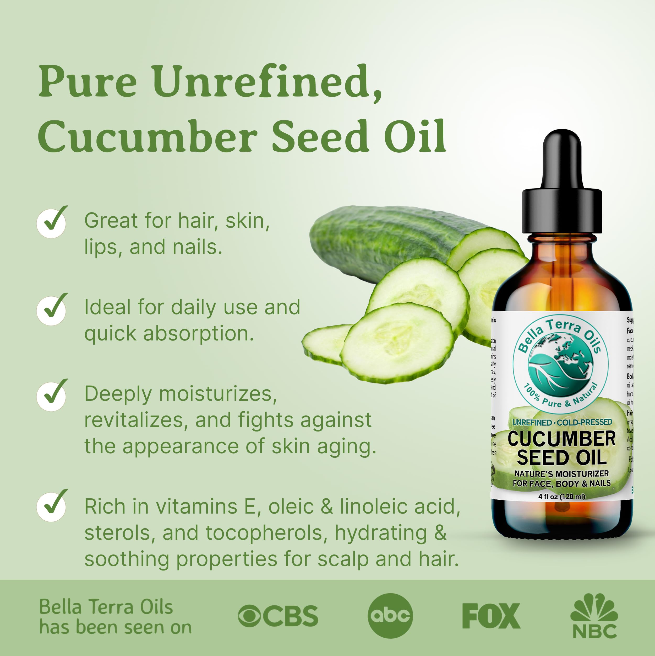 Bella Terra Oils Cucumber Seed Oil 4 oz | Hydration, Linoleic Acid & Phytosterols for Skin