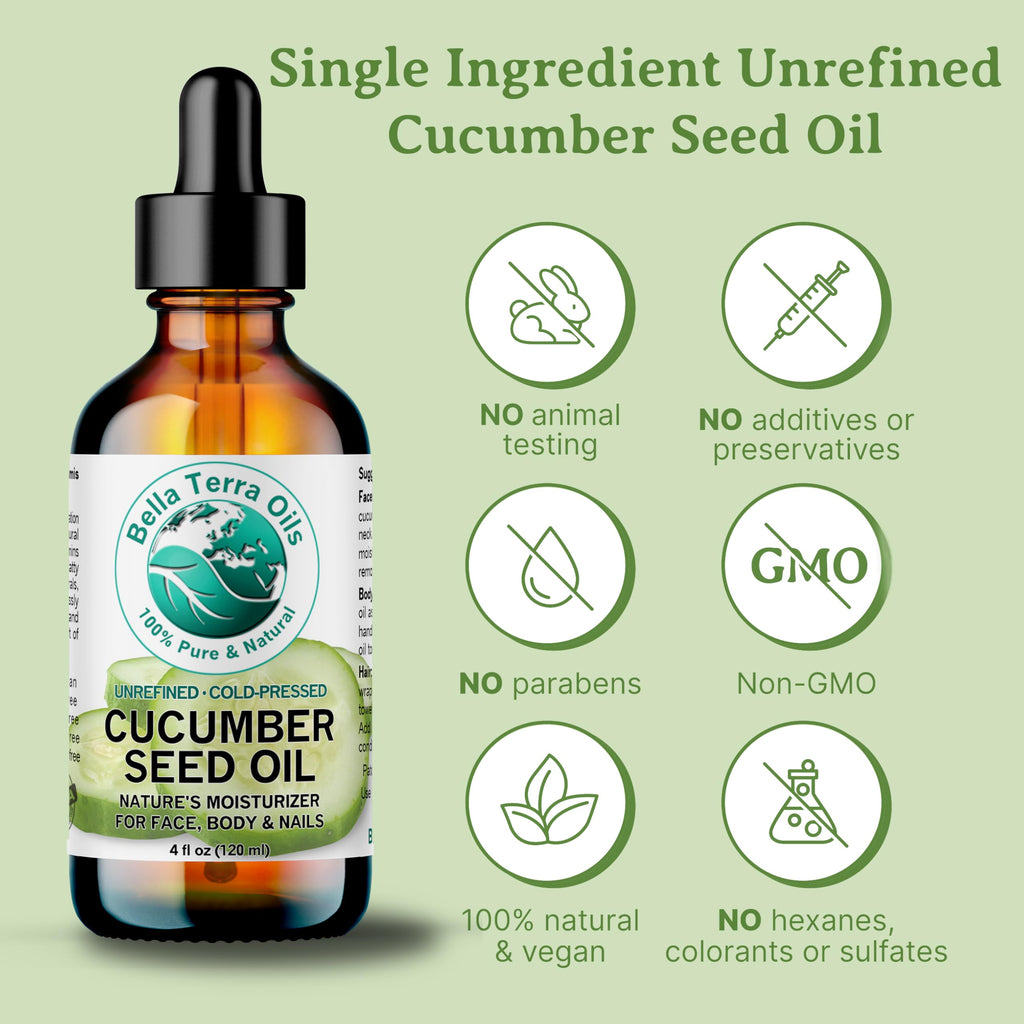 Bella Terra Oils Cucumber Seed Oil 4 oz | Hydration, Linoleic Acid & Phytosterols for Skin