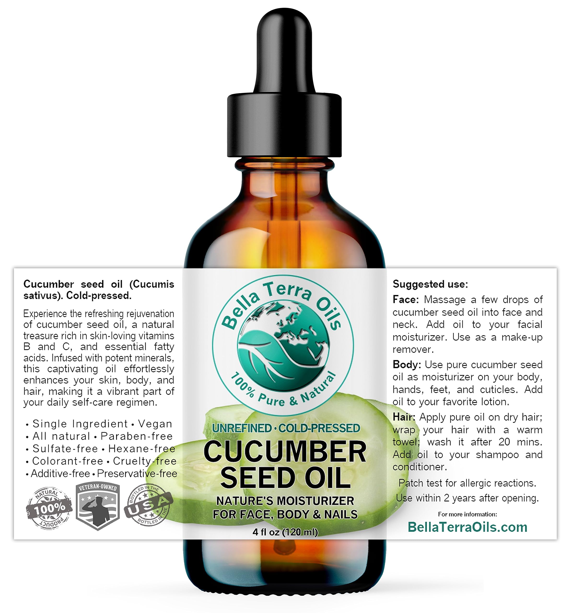 Bella Terra Oils Cucumber Seed Oil 4 oz | Hydration, Linoleic Acid & Phytosterols for Skin