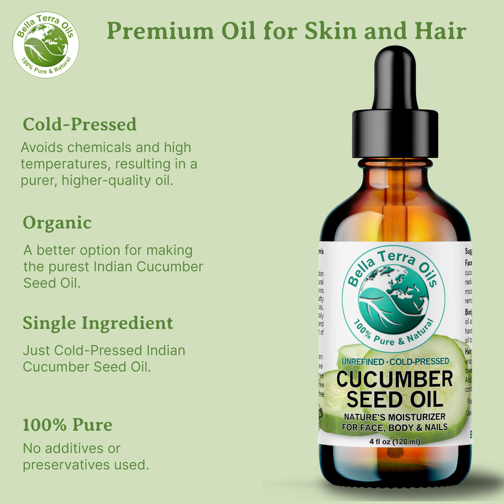 Bella Terra Oils Cucumber Seed Oil 4 oz | Hydration, Linoleic Acid & Phytosterols for Skin