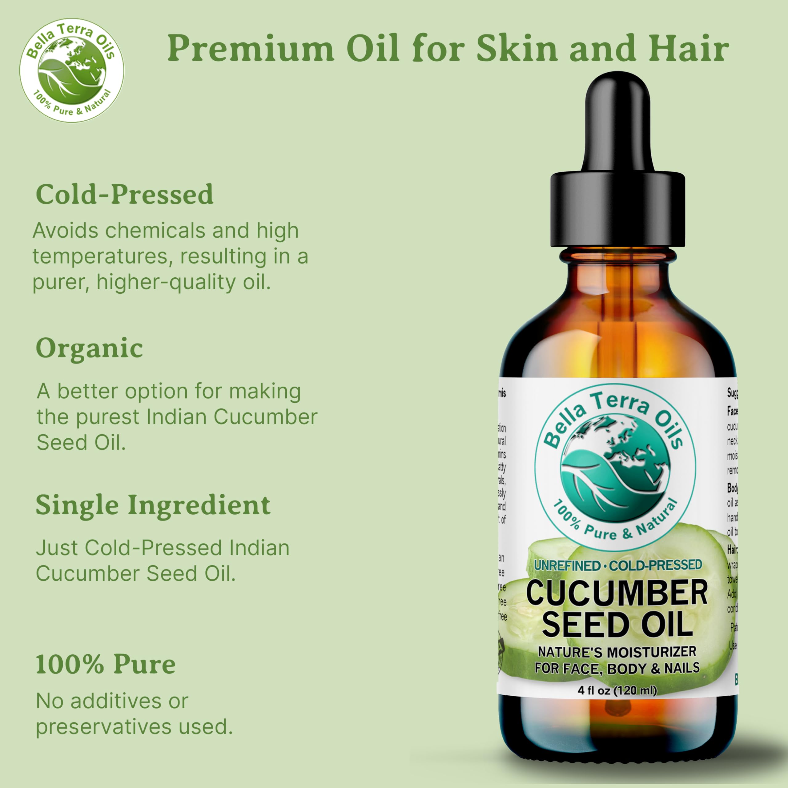 Bella Terra Oils Cucumber Seed Oil 4 oz | Hydration, Linoleic Acid & Phytosterols for Skin
