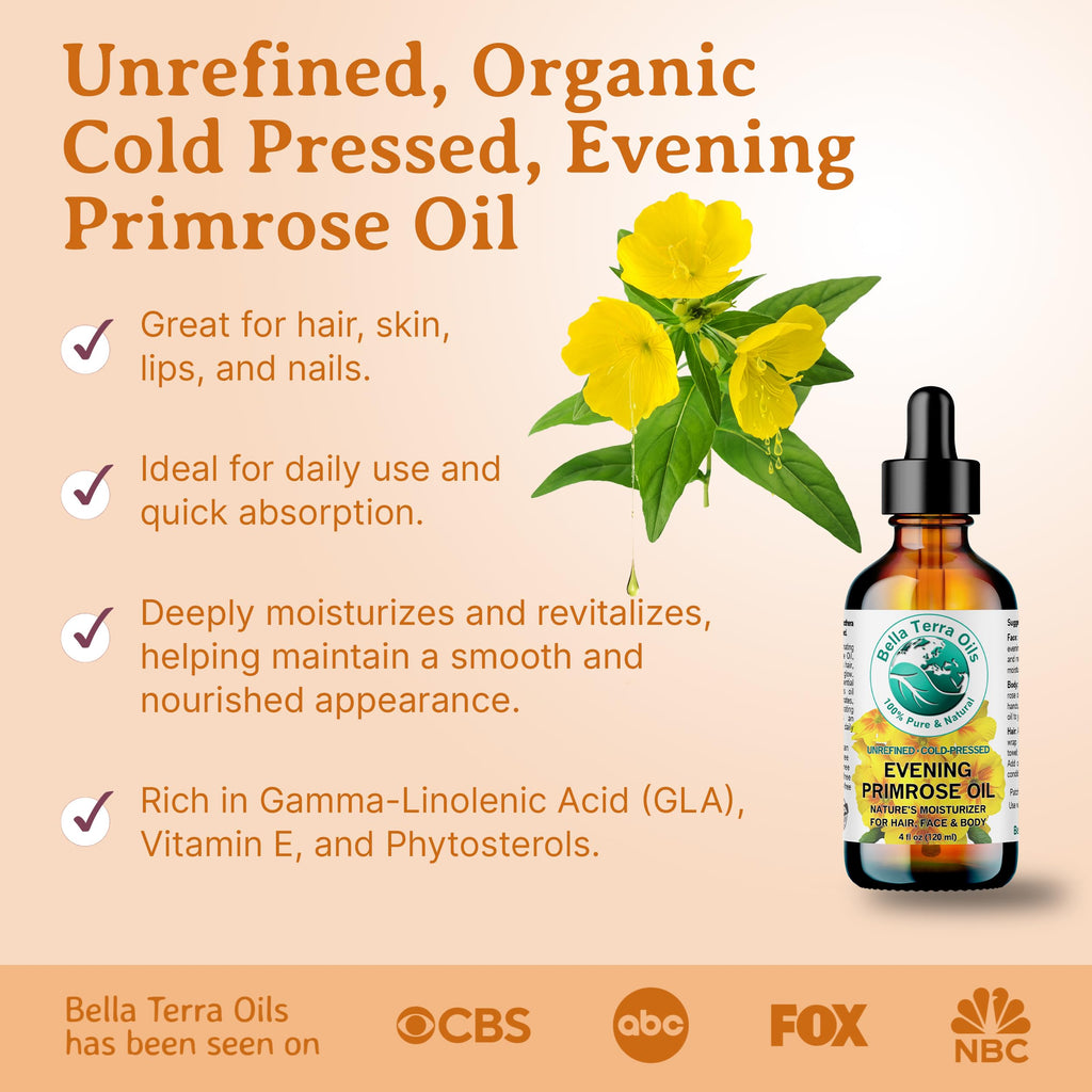 Bella Terra Oils Organic Evening Primrose Oil 8 oz | Cold-Pressed Seed-to-Bottle Purity