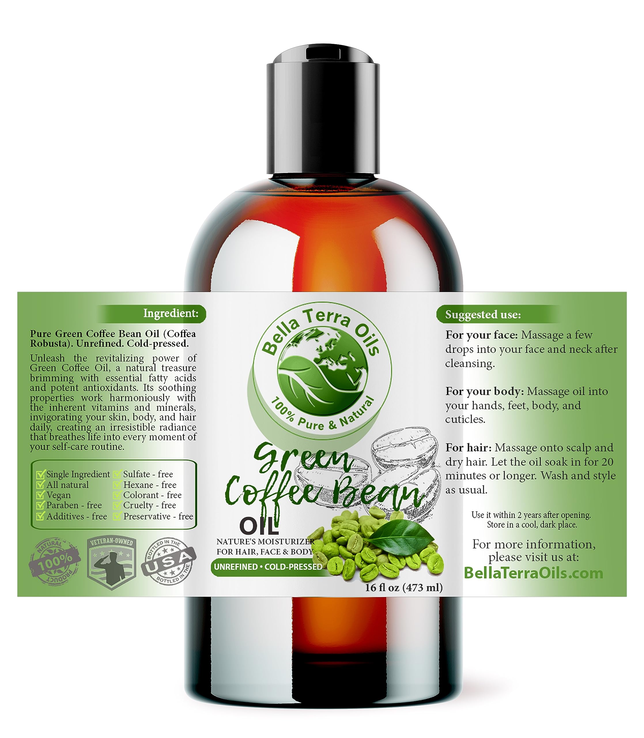 Bella Terra Oils – Green Coffee Bean Oil 16oz for Radiant Skin