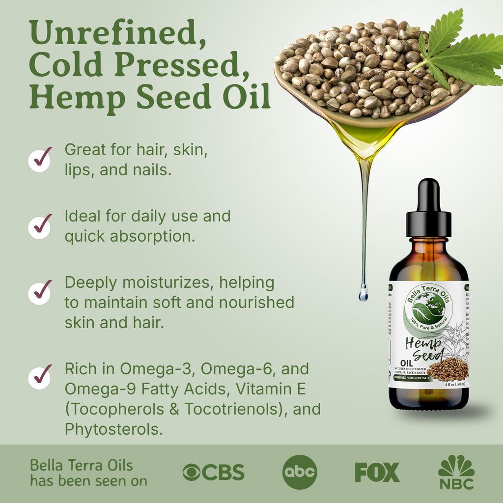 Bella Terra Oils Hemp Seed Oil 8 oz — Cold-Pressed, Pure & Nutrient-Rich