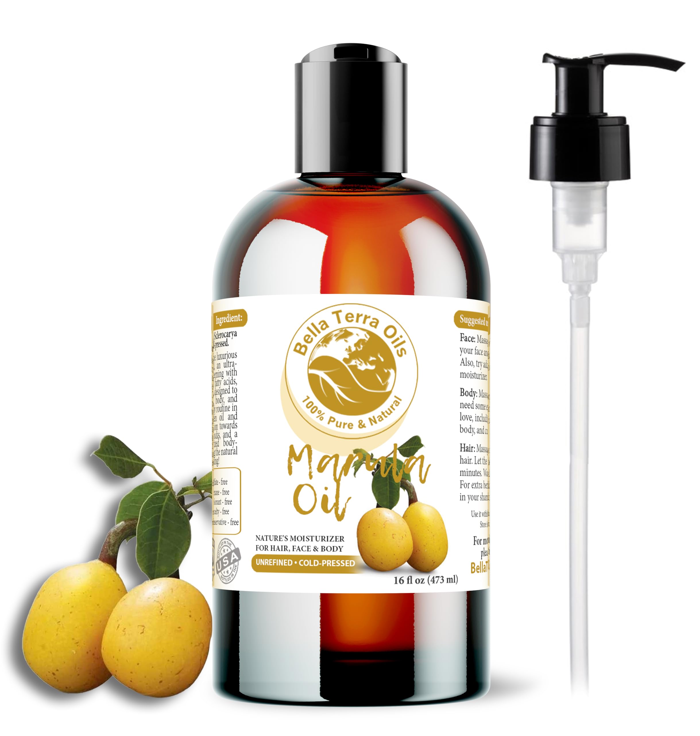 Bella Terra Oils Marula Facial Oil 16oz – Radiant Skin & Hair, Rich in Flavonoids & Minerals