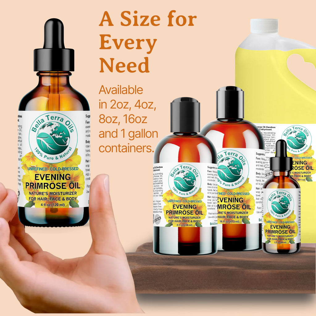 Bella Terra Oils Organic Evening Primrose Oil 8 oz | Cold-Pressed Seed-to-Bottle Purity