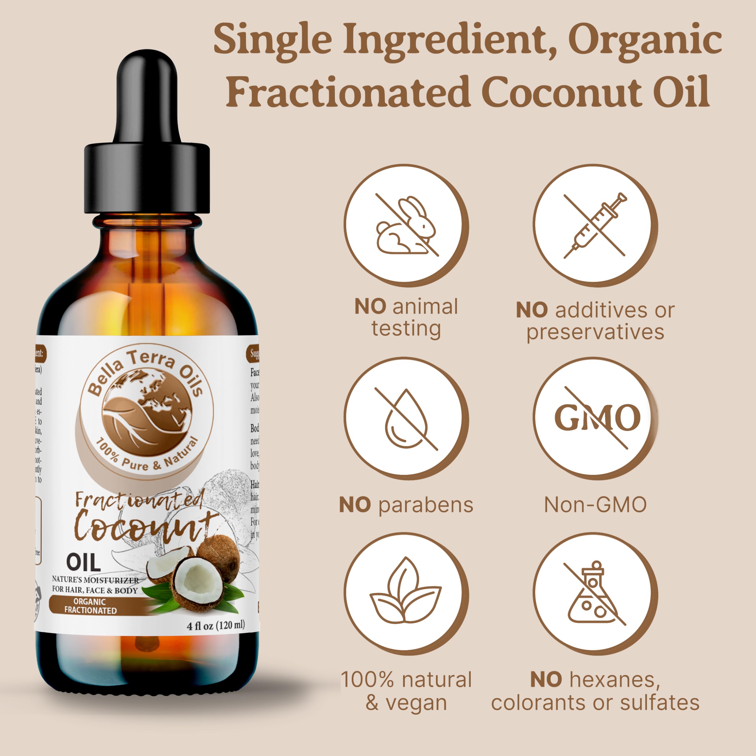Bella Terra Oils Organic Fractionated Coconut Oil 8oz | Liquid Gold for Skin, Hair & Massage
