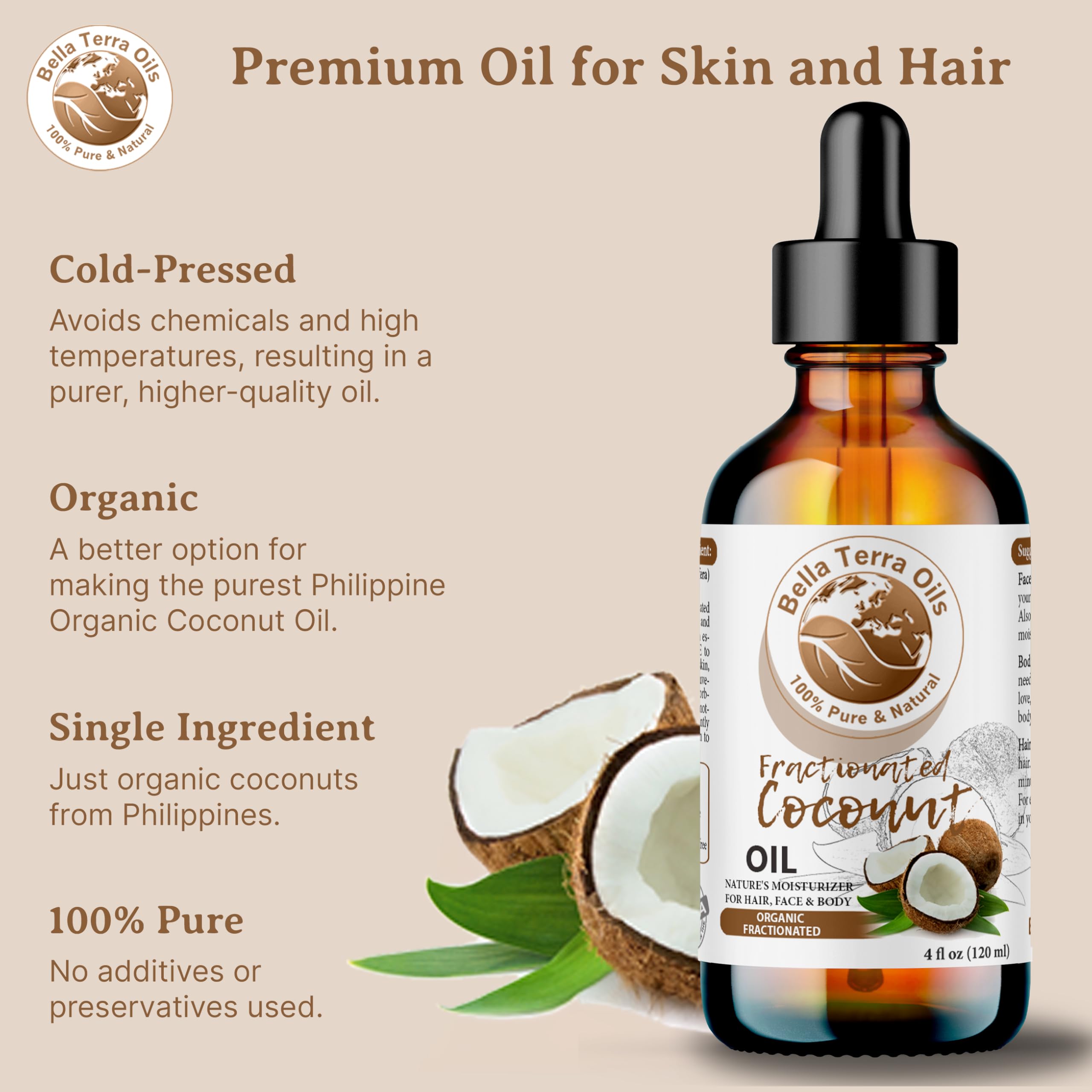 Bella Terra Oils Organic Fractionated Coconut Oil 8oz | Liquid Gold for Skin, Hair & Massage