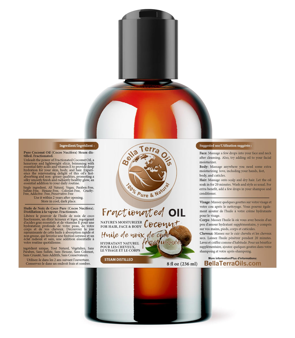 Bella Terra Oils Organic Fractionated Coconut Oil 8oz | Liquid Gold for Skin, Hair & Massage