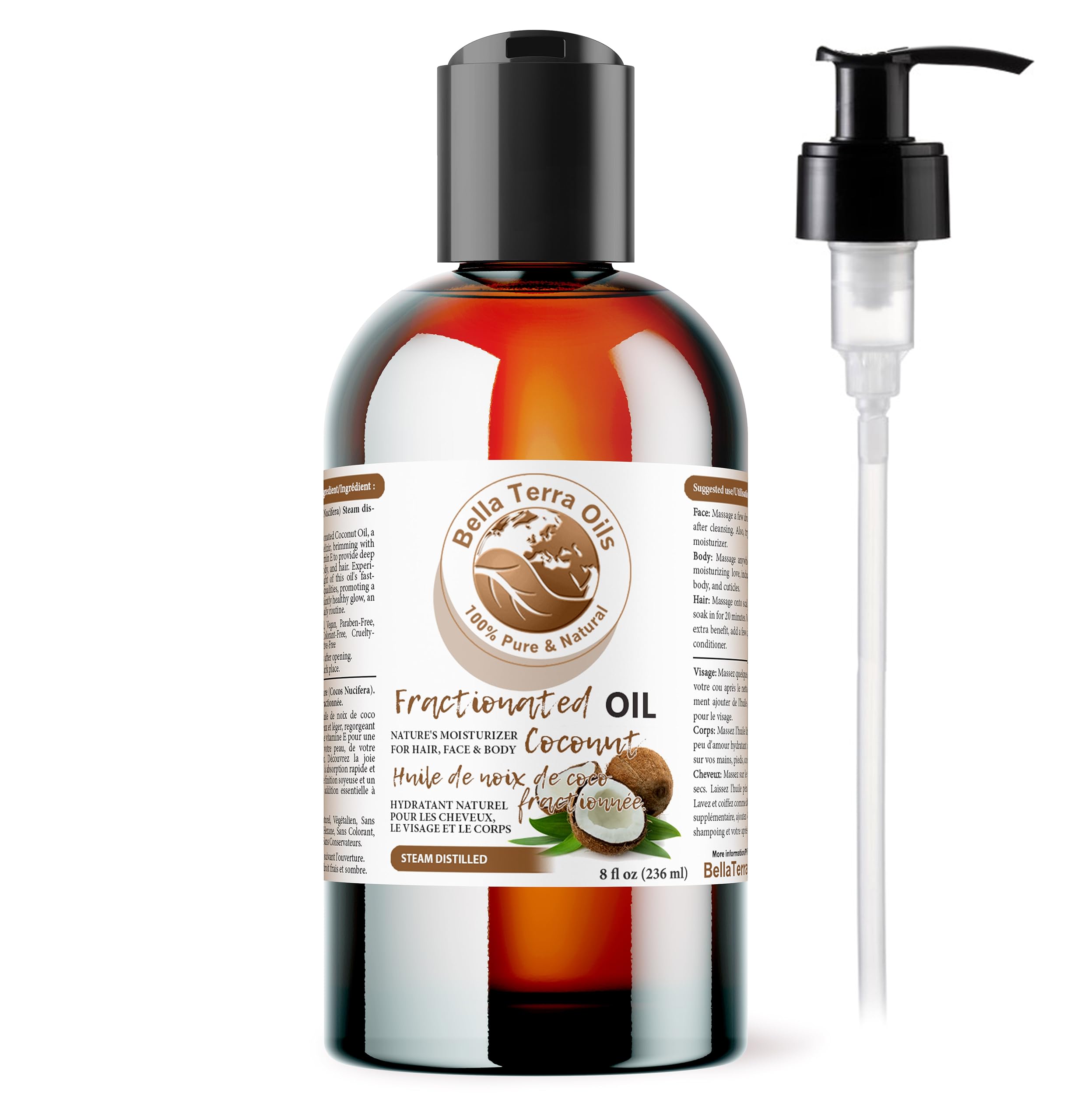 Bella Terra Oils Organic Fractionated Coconut Oil 8oz | Liquid Gold for Skin, Hair & Massage