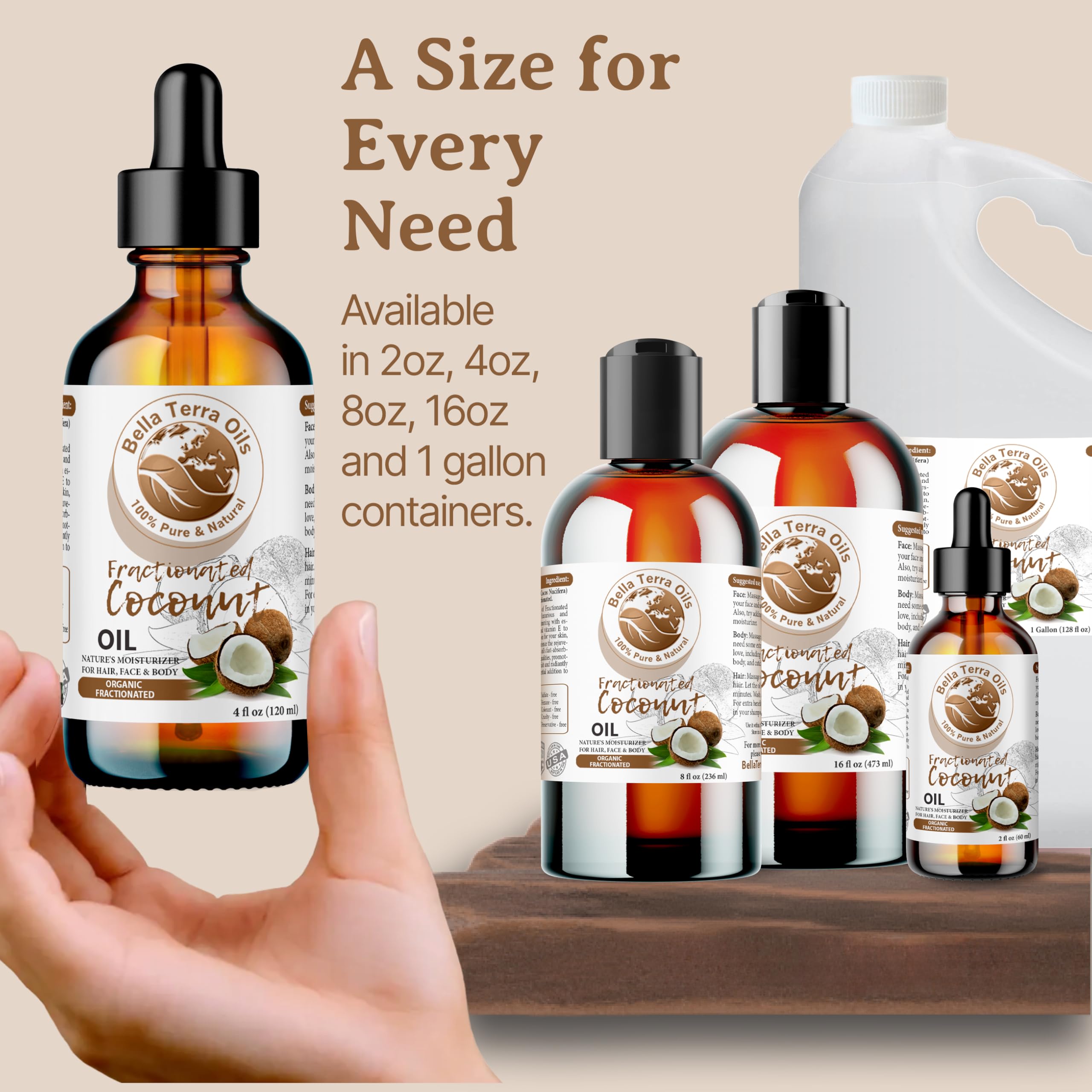 Bella Terra Oils Organic Fractionated Coconut Oil 8oz | Liquid Gold for Skin, Hair & Massage