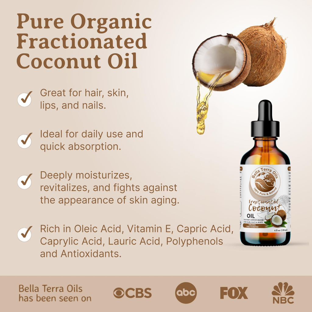 Bella Terra Oils Organic Fractionated Coconut Oil 8oz | Liquid Gold for Skin, Hair & Massage