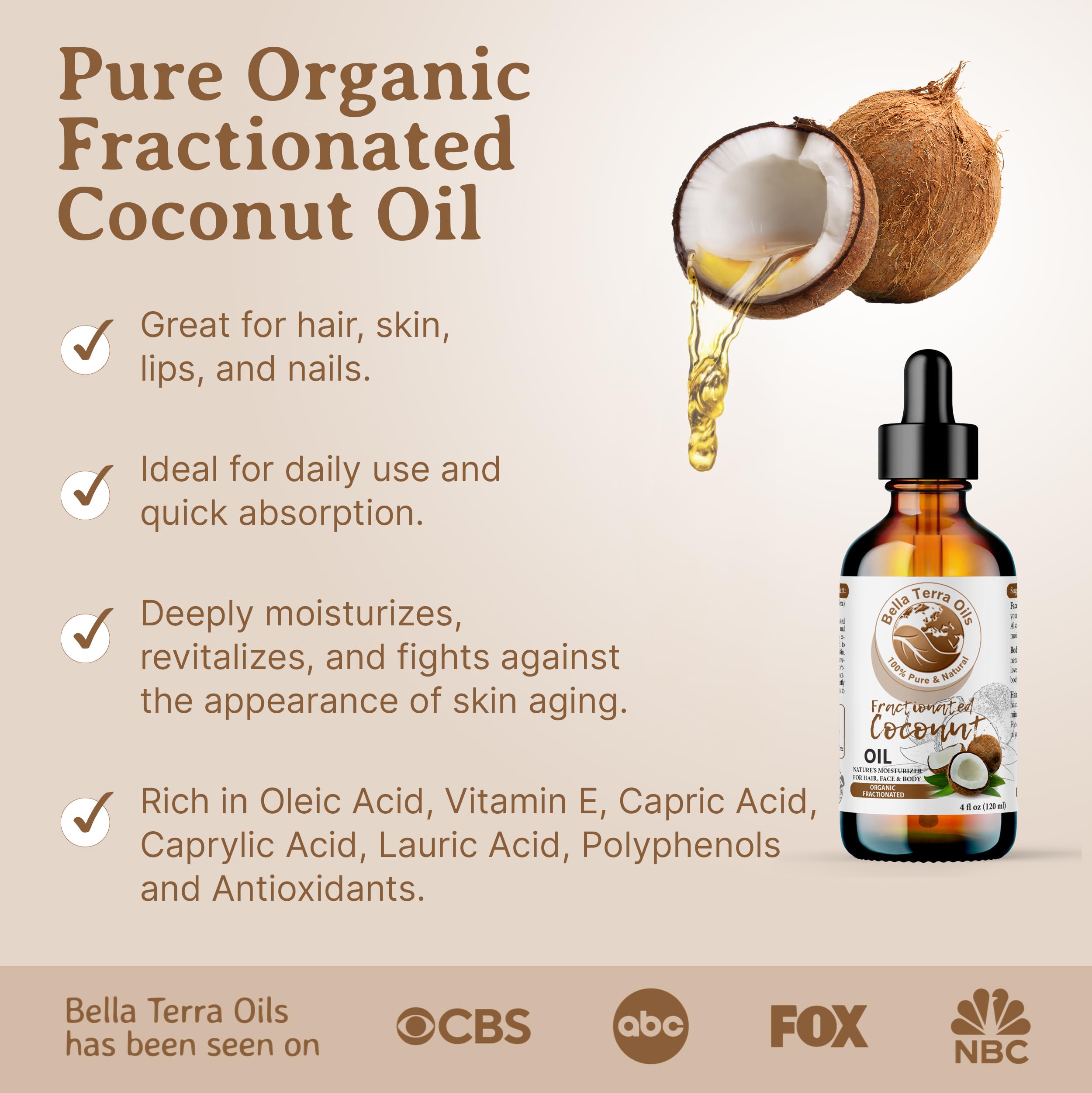 Bella Terra Oils Organic Fractionated Coconut Oil 8oz | Liquid Gold for Skin, Hair & Massage