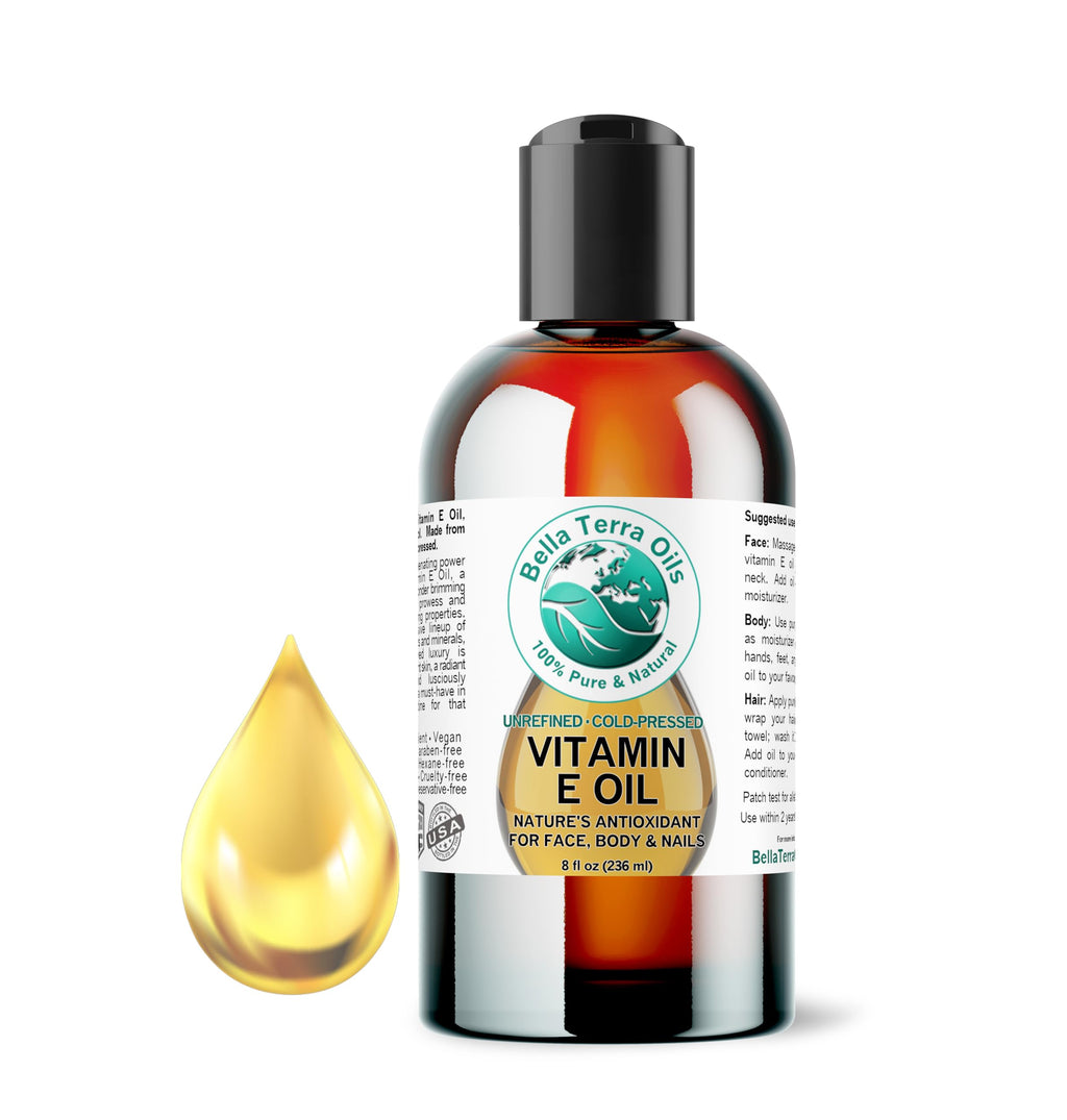 Bella Terra Oils - Organic Vitamin E Oil 8 oz | Wheat Germ Derived Antioxidants for Radiant Skin