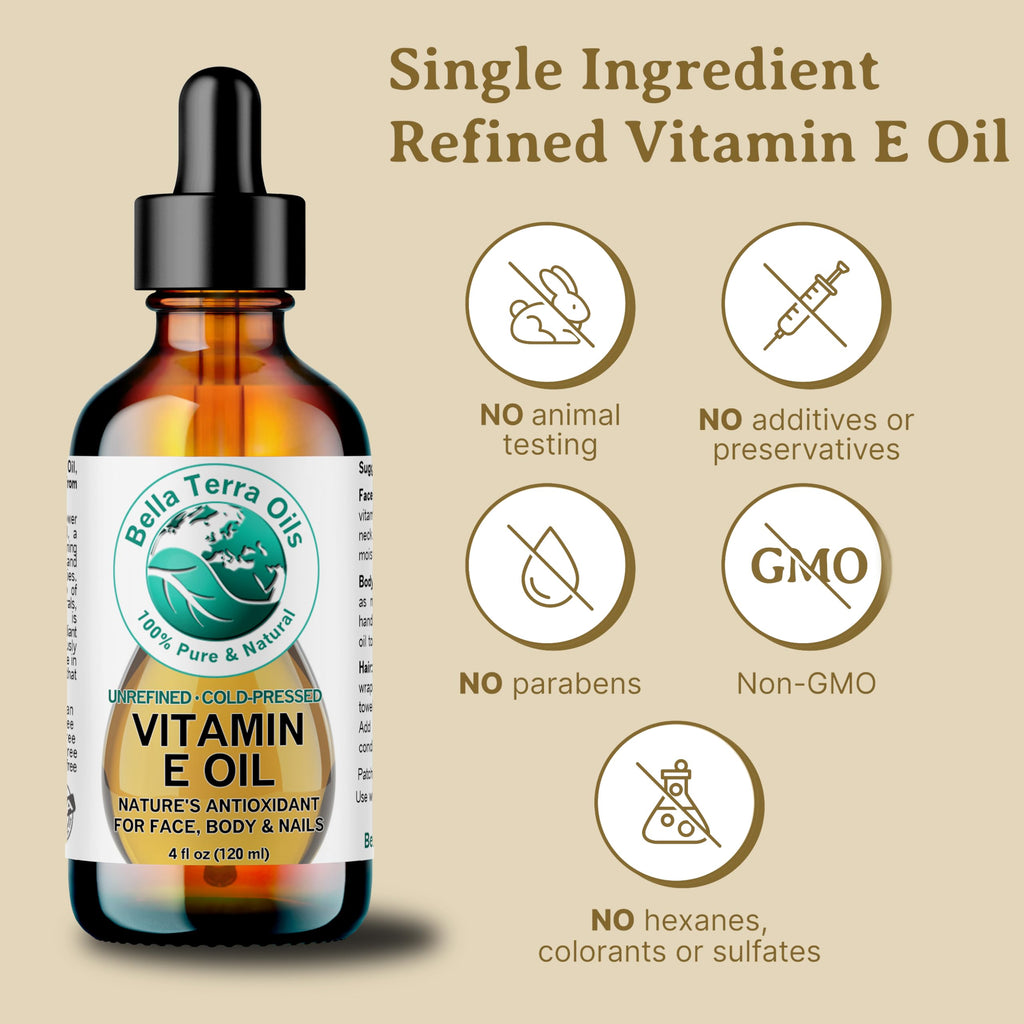 Bella Terra Oils Organic Vitamin E Oil 4 oz — D-Alpha Tocopherol Rich for Face & Body