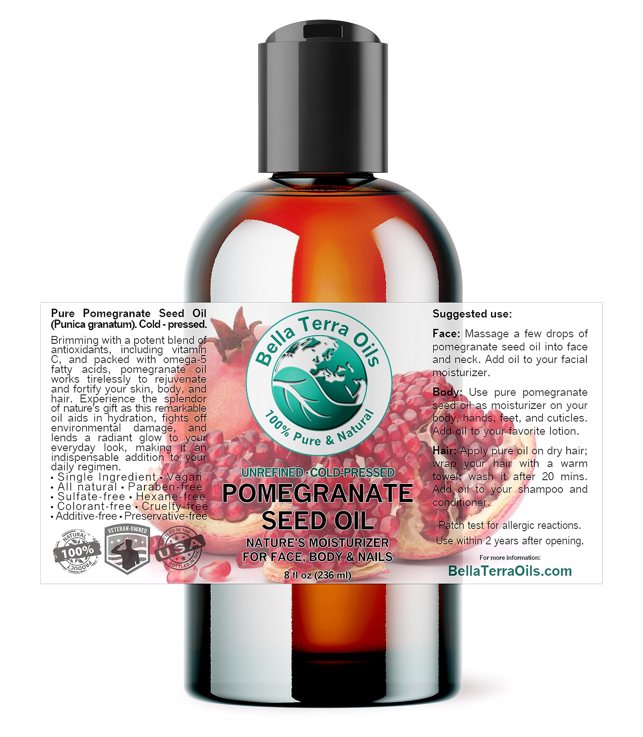 Bella Terra Oils Organic Pomegranate Seed Oil 8 oz – Hydration & Antioxidants