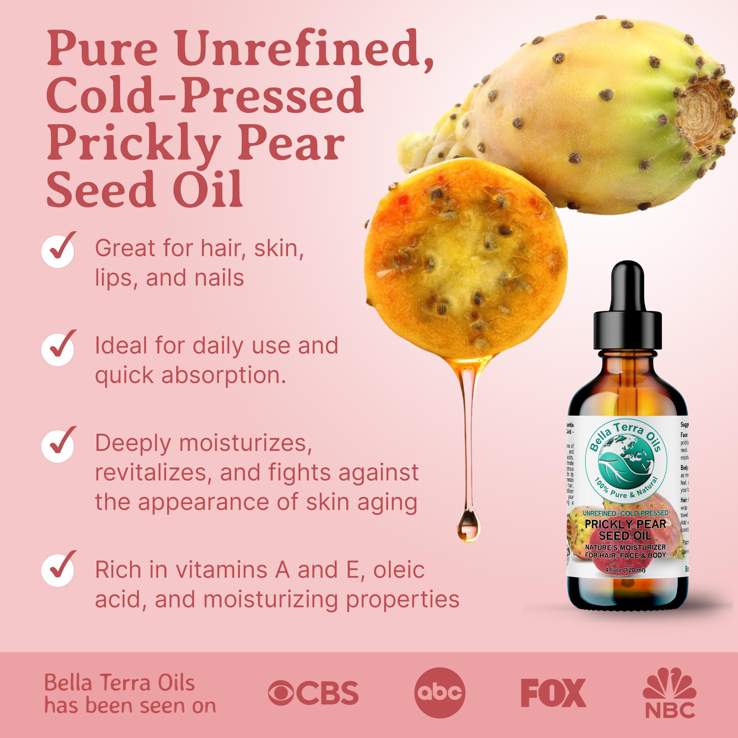 Bella Terra Oils Prickly Pear Seed Oil 2 oz – Cold-Pressed, Vitamin E & Linoleic Rich