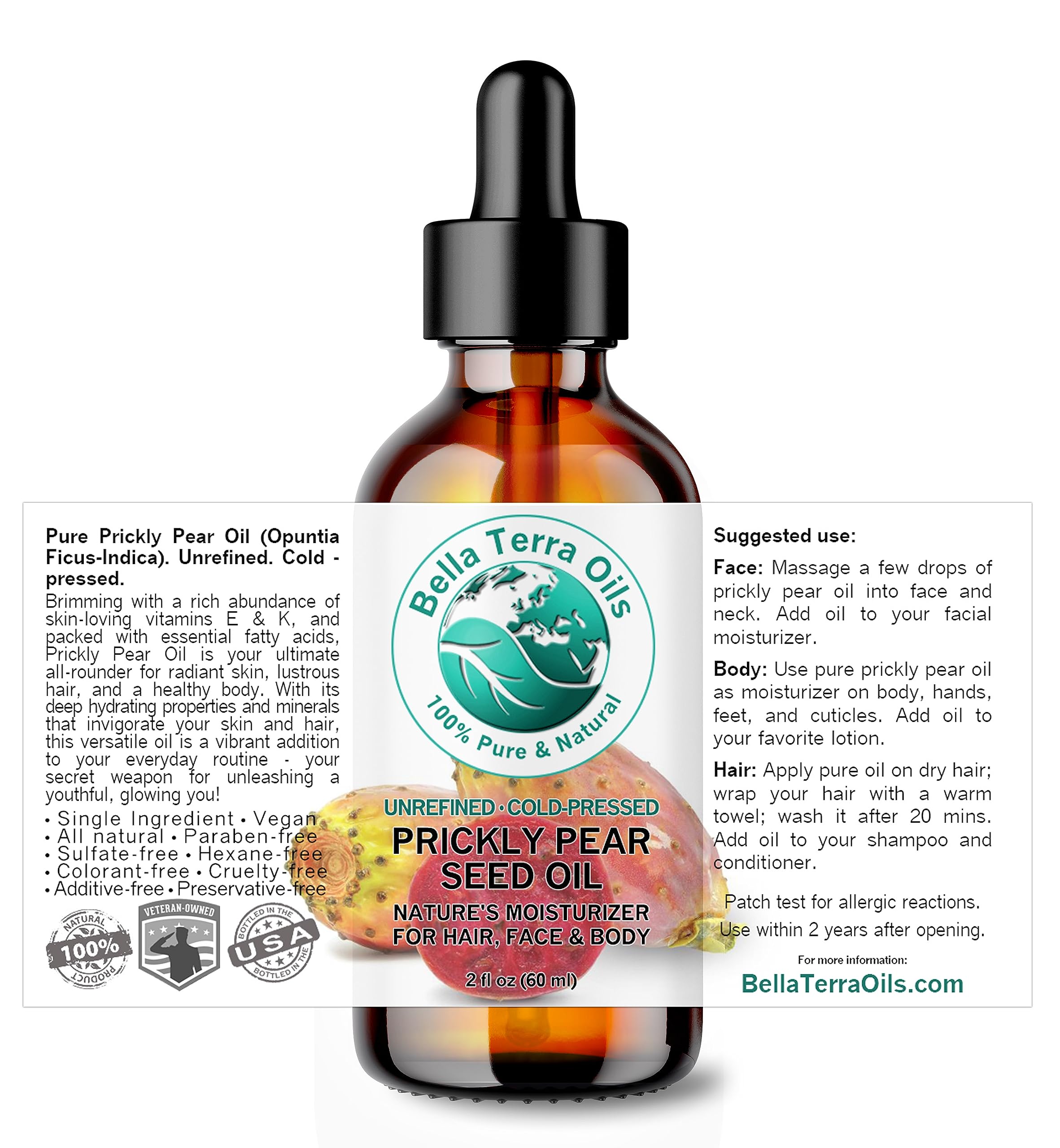 Bella Terra Oils Prickly Pear Seed Oil 2 oz – Cold-Pressed, Vitamin E & Linoleic Rich