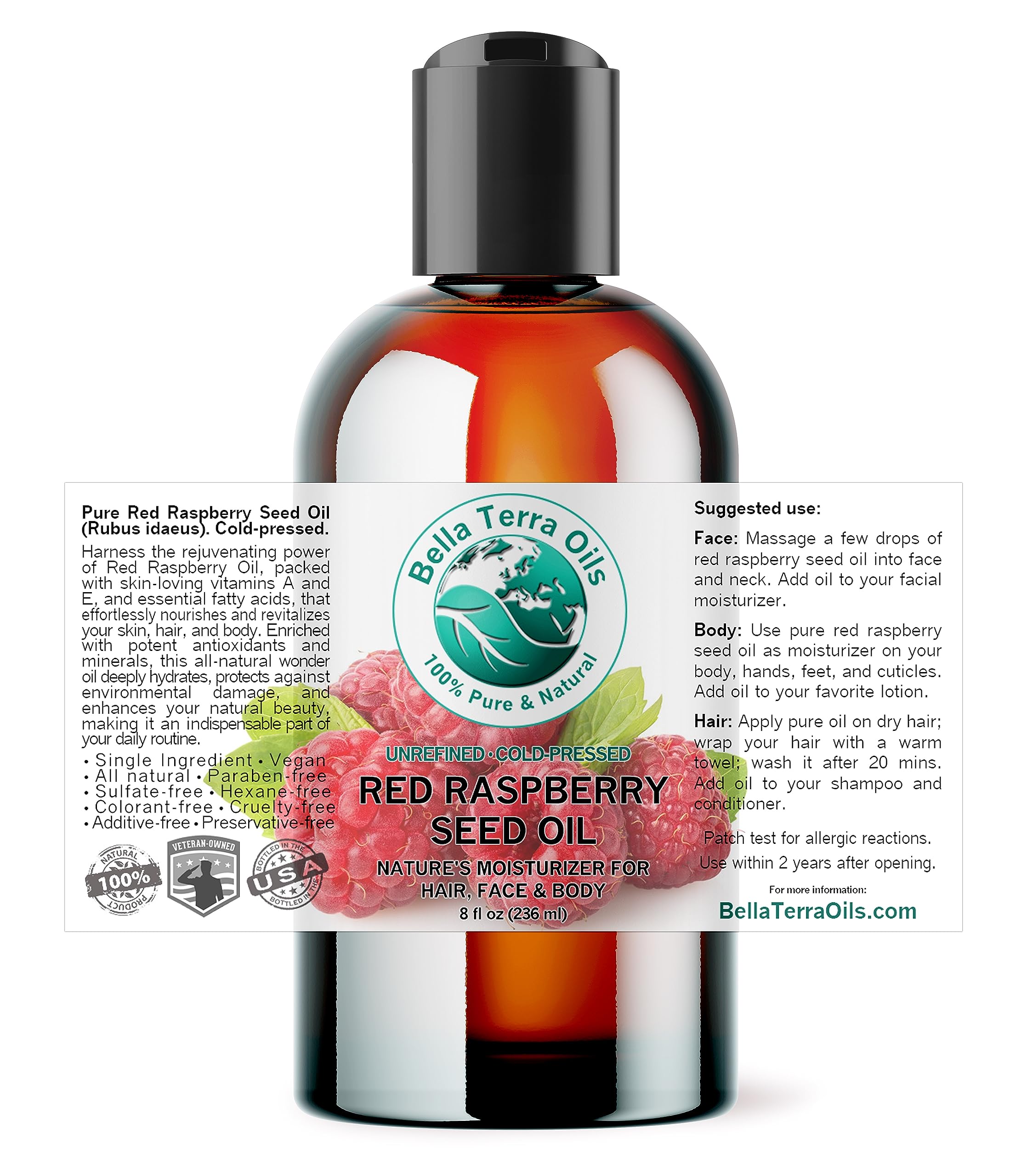 Bella Terra Oils Red Raspberry Seed Oil 8 oz — Cold-Pressed Omega-3, 6 & 9 for Radiant Skin