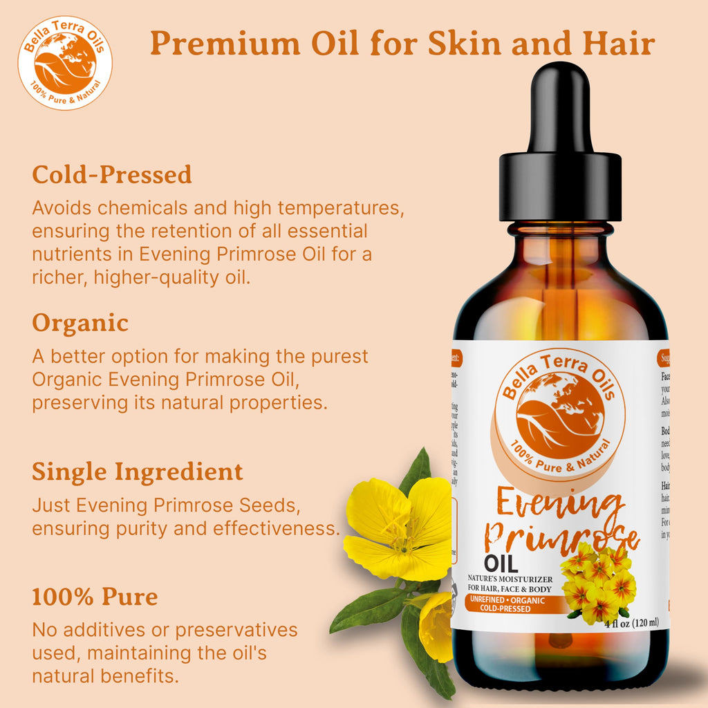 Bella Terra Oils Organic Evening Primrose Oil 8 oz | Pure Primrose with GLA