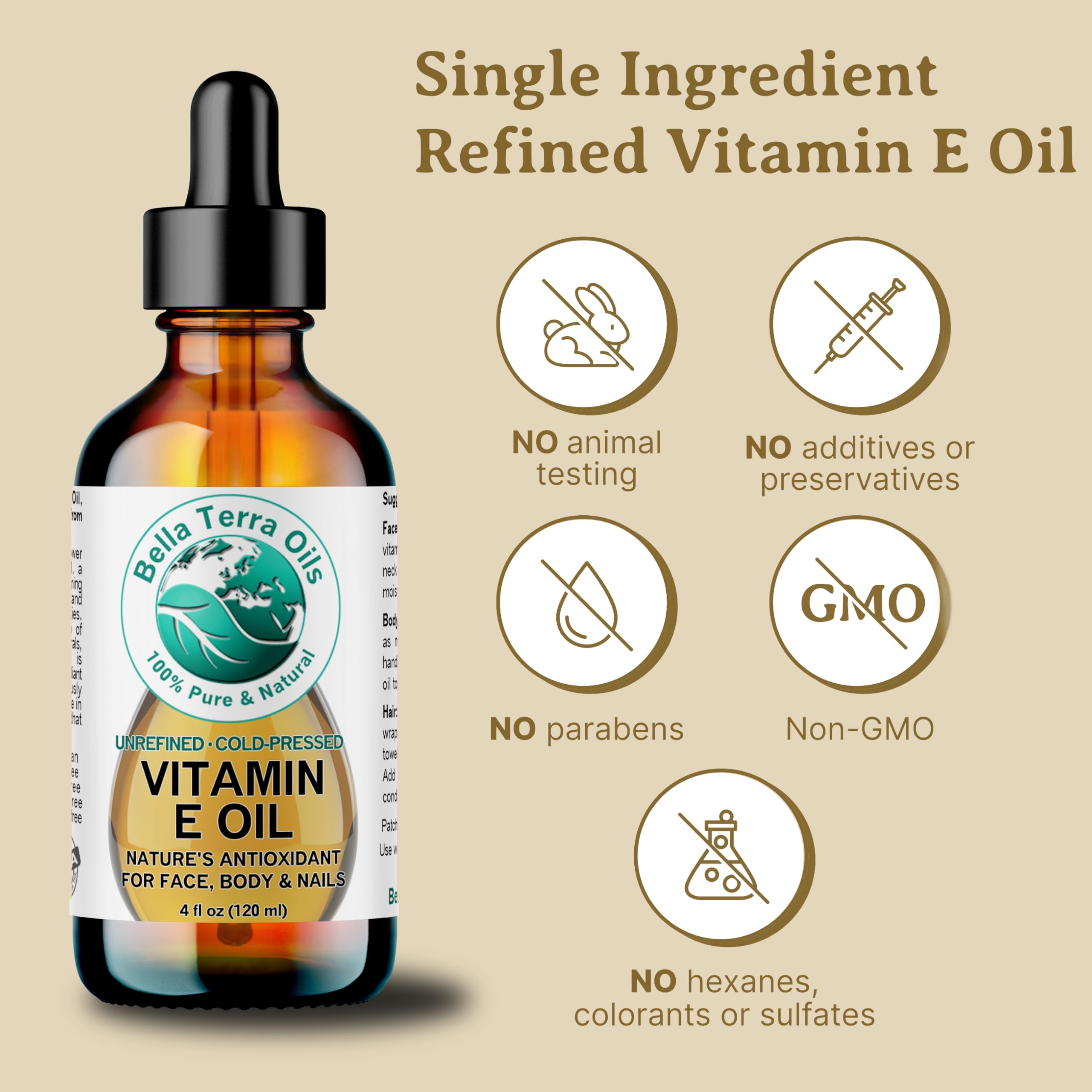 Bella Terra Oils - Organic Vitamin E Oil 8 oz | Wheat Germ Derived Antioxidants for Radiant Skin