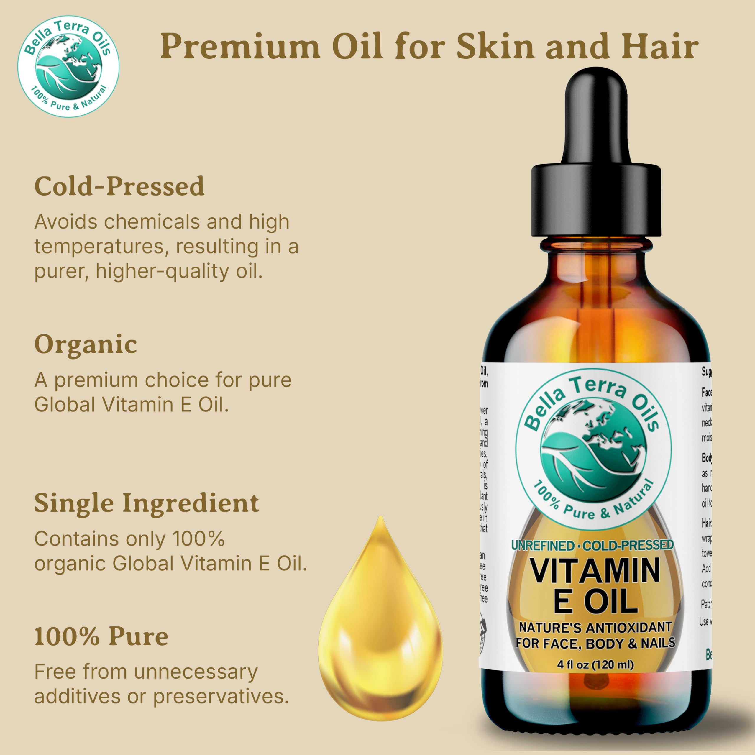 Bella Terra Oils - Organic Vitamin E Oil 8 oz | Wheat Germ Derived Antioxidants for Radiant Skin