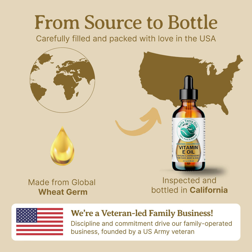 Bella Terra Oils - Organic Vitamin E Oil 8 oz | Wheat Germ Derived Antioxidants for Radiant Skin