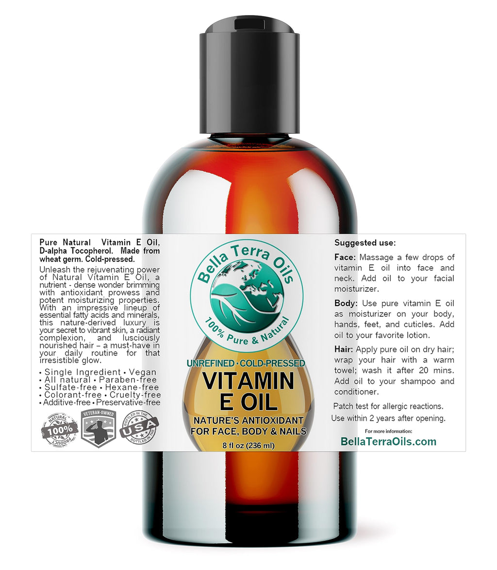 Bella Terra Oils - Organic Vitamin E Oil 8 oz | Wheat Germ Derived Antioxidants for Radiant Skin