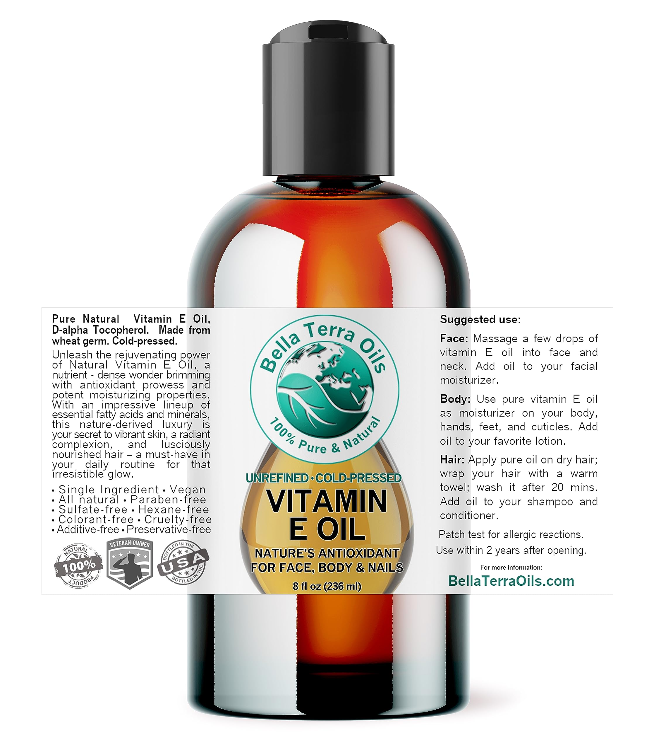 Bella Terra Oils - Organic Vitamin E Oil 8 oz | Wheat Germ Derived Antioxidants for Radiant Skin