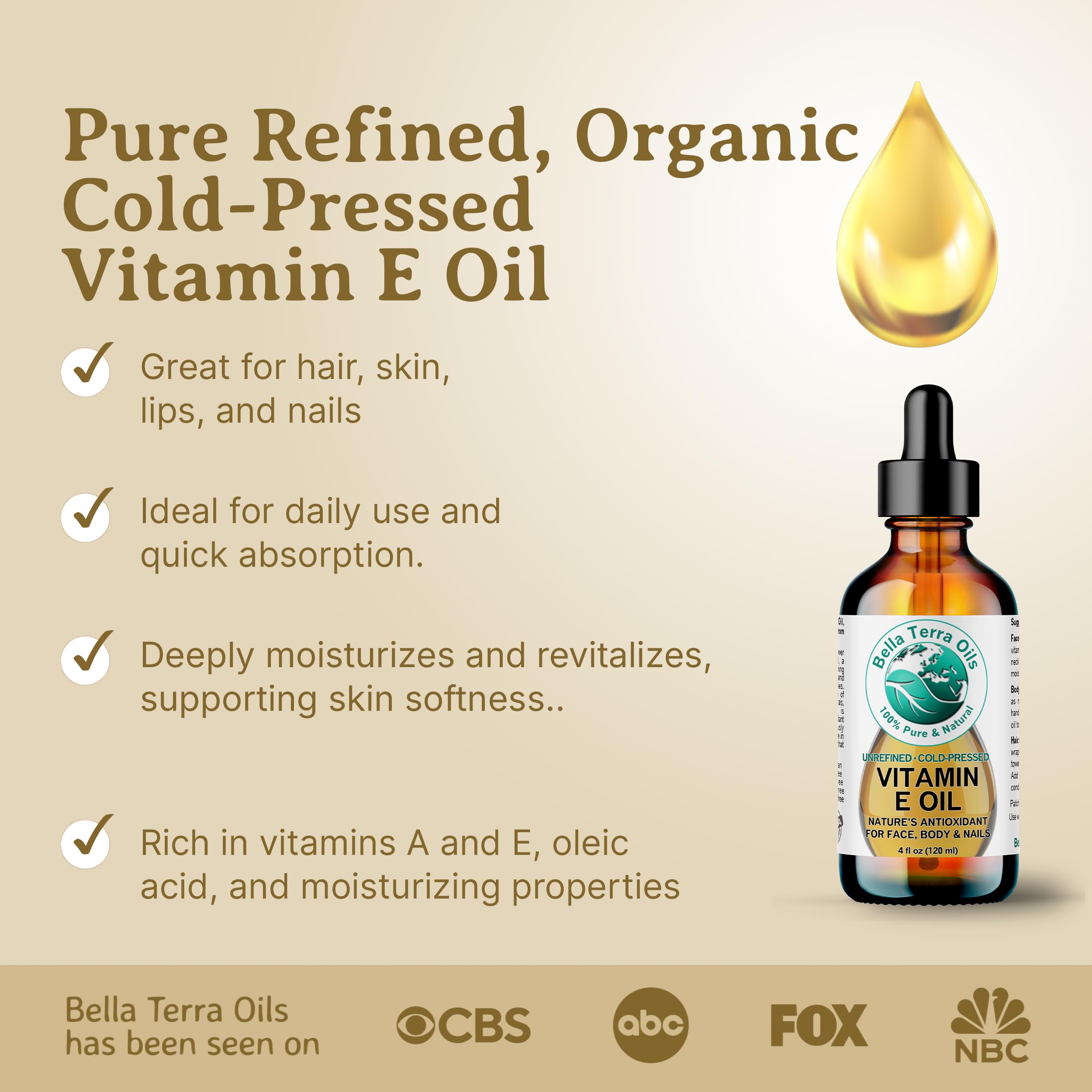 Bella Terra Oils - Organic Vitamin E Oil 8 oz | Wheat Germ Derived Antioxidants for Radiant Skin