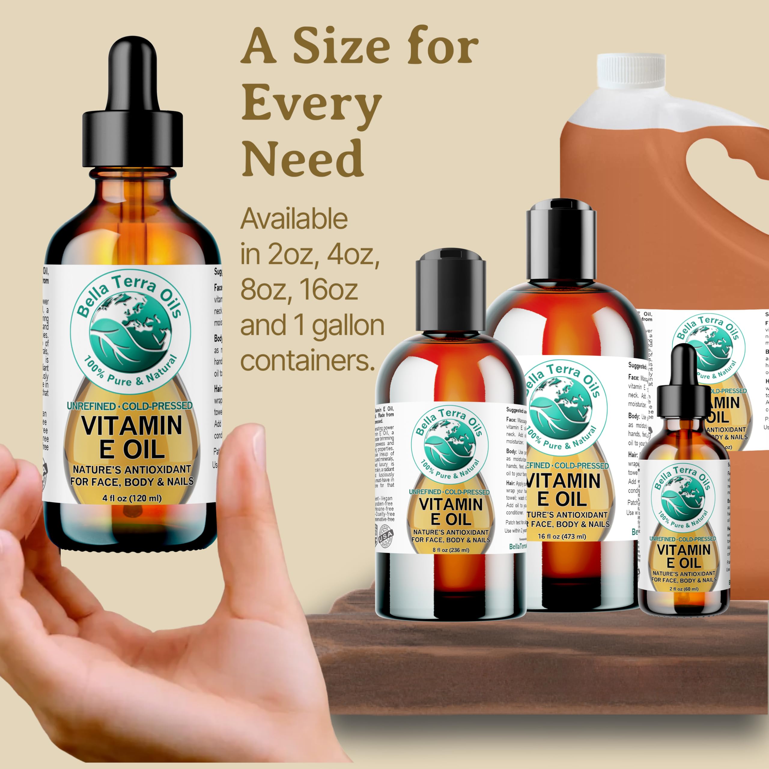 Bella Terra Oils - Organic Vitamin E Oil 8 oz | Wheat Germ Derived Antioxidants for Radiant Skin