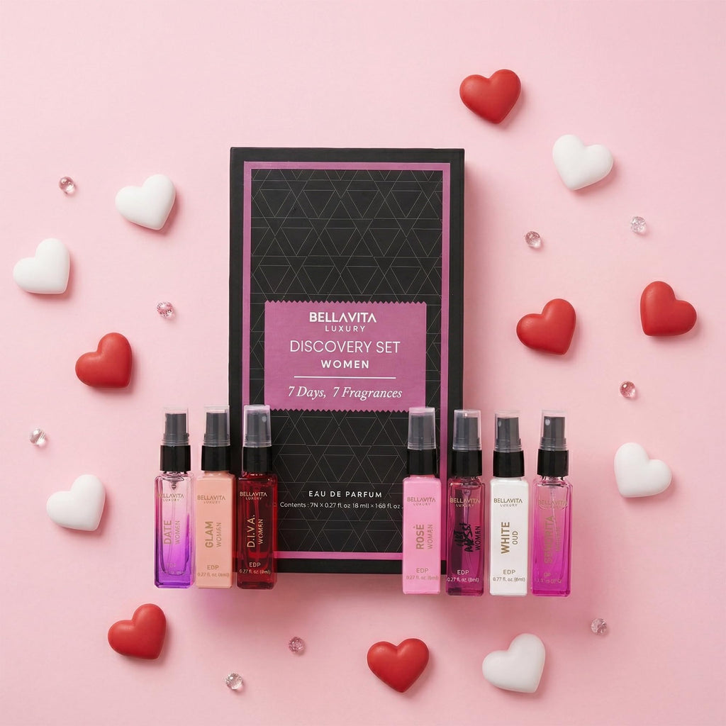 BellaVita Luxury Discovery Set – 7x8ml Women’s Perfumes: Rose, Oud & Pepper | Travel-Ready Gift