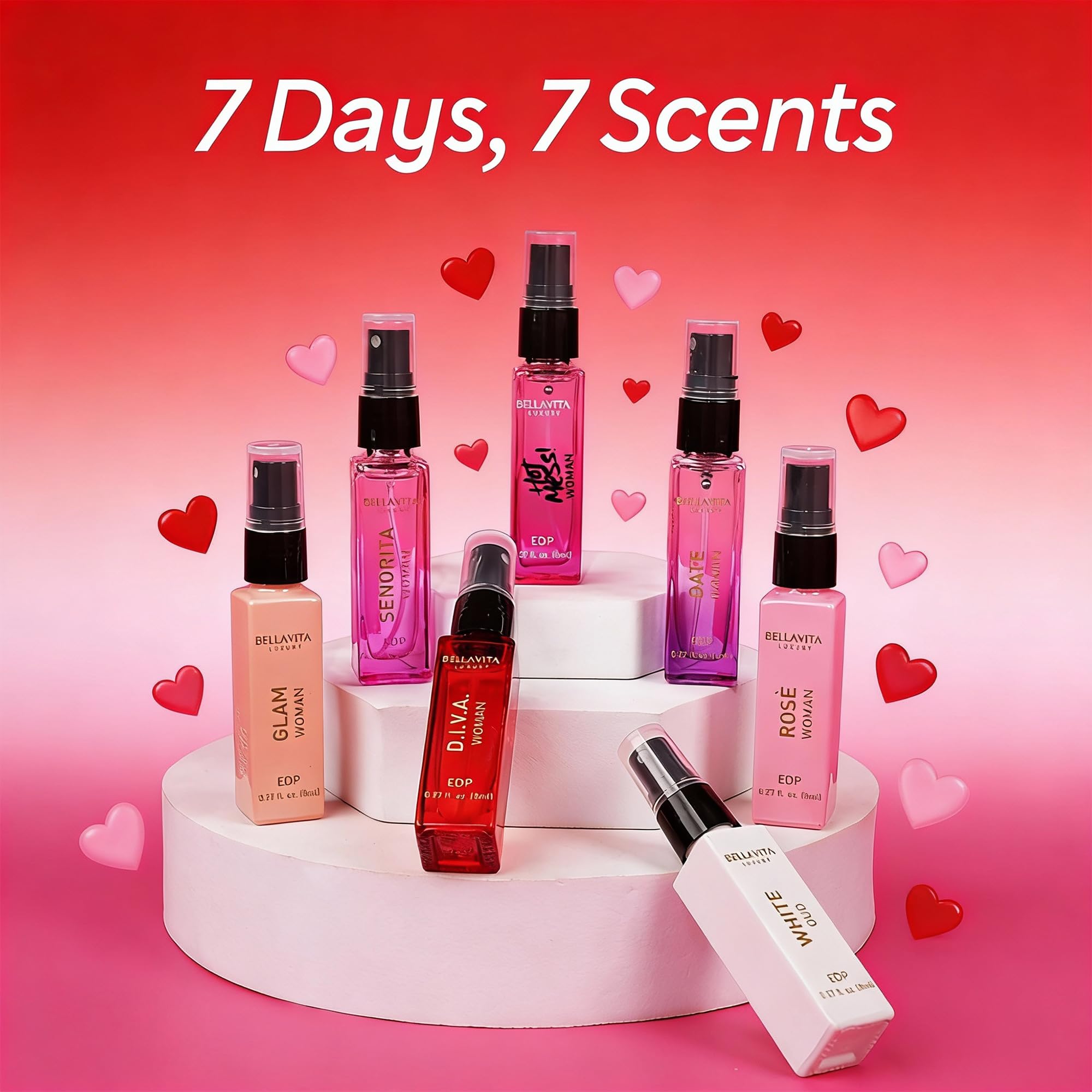 BellaVita Luxury Discovery Set – 7x8ml Women’s Perfumes: Rose, Oud & Pepper | Travel-Ready Gift