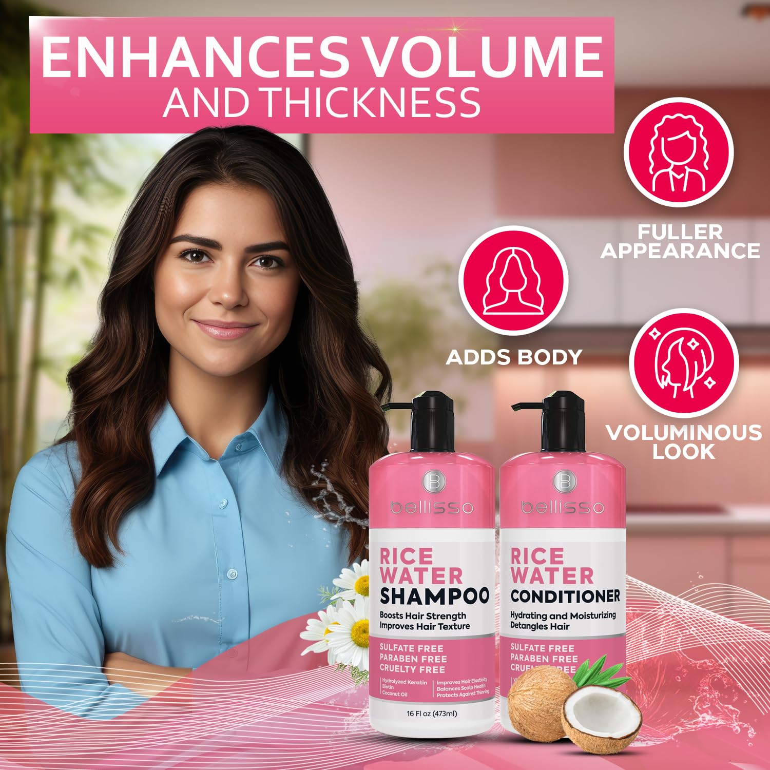 Bellisso Rice Water Shampoo and Conditioner Set – Sulfate Free, Volumizing for Thin Hair