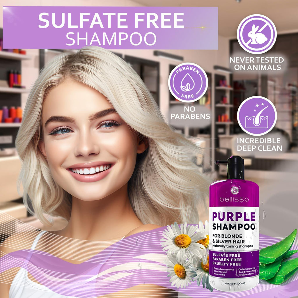 Bellisso Purple Shampoo – Toner for Blonde, Gray & White Hair | Sulfate & Paraben Free