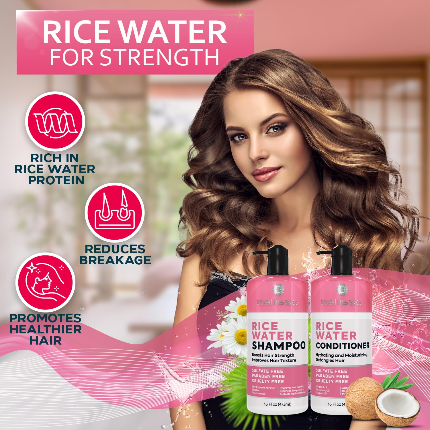 Bellisso Rice Water Shampoo and Conditioner Set – Sulfate Free, Volumizing for Thin Hair