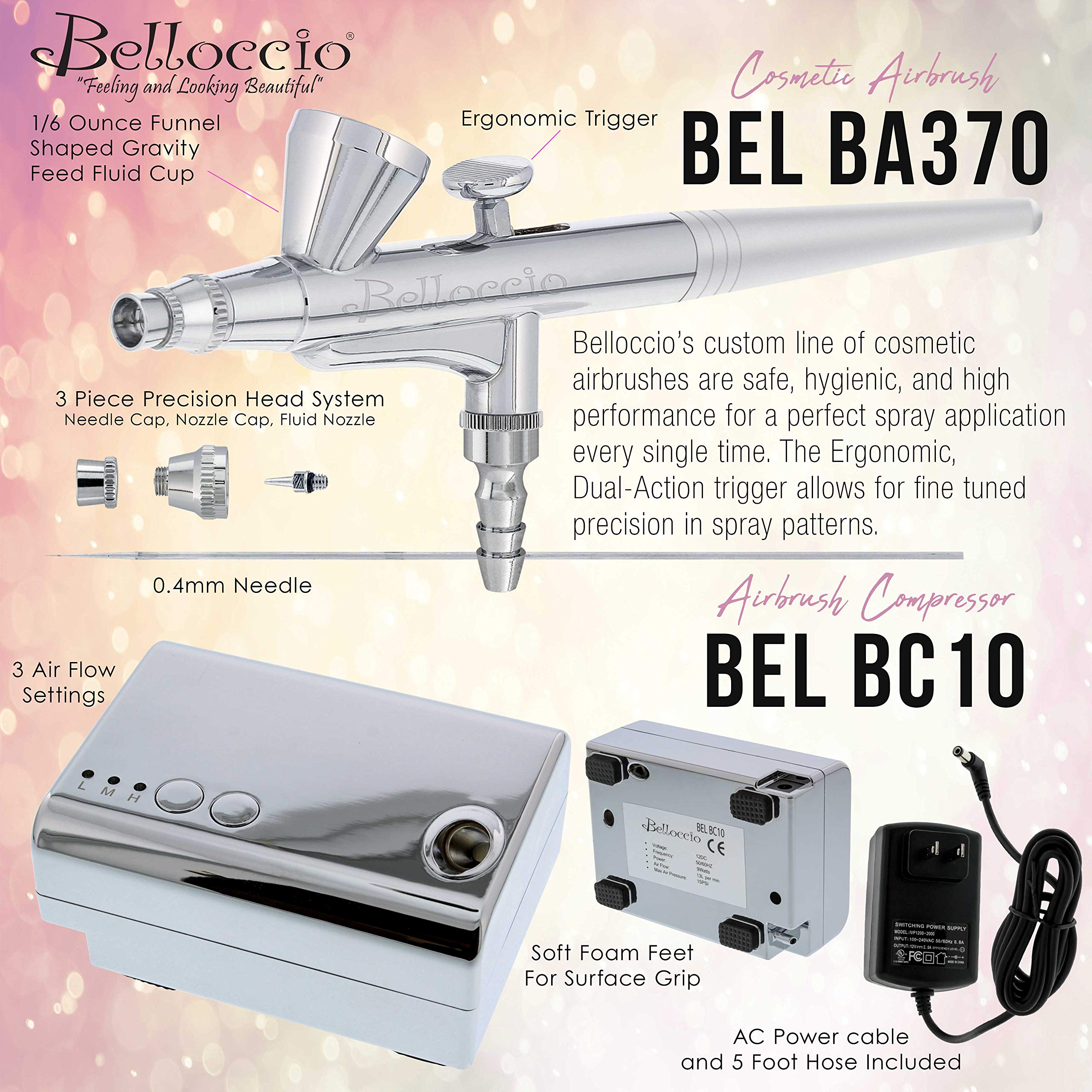 Belloccio Professional Beauty Airbrush System – 4 Tan Foundation Shades + Blush, Bronzer, Highlighter Kit