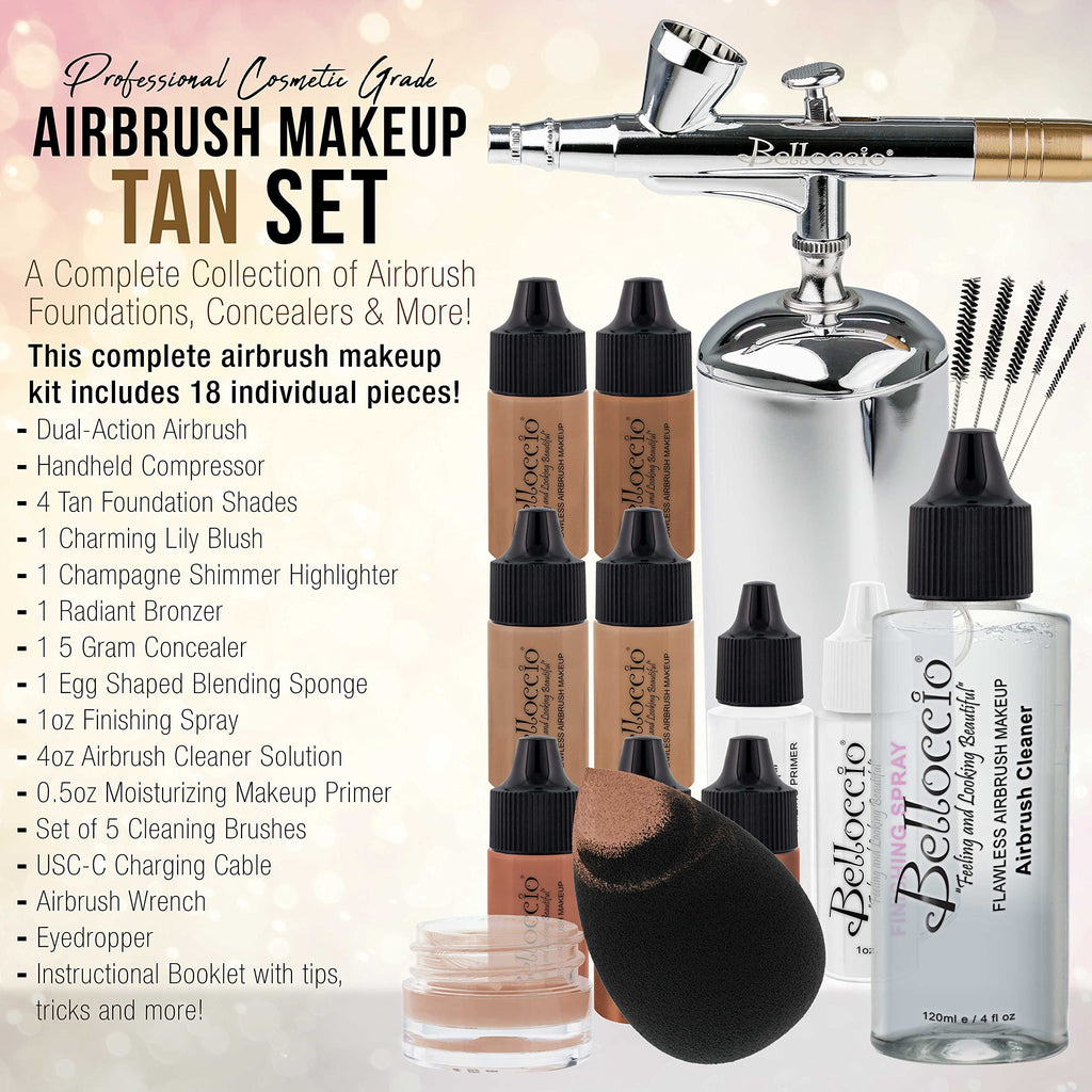 Belloccio Complete Cordless Airbrush Makeup System – 18-Piece Kit with 4 Tan Foundations