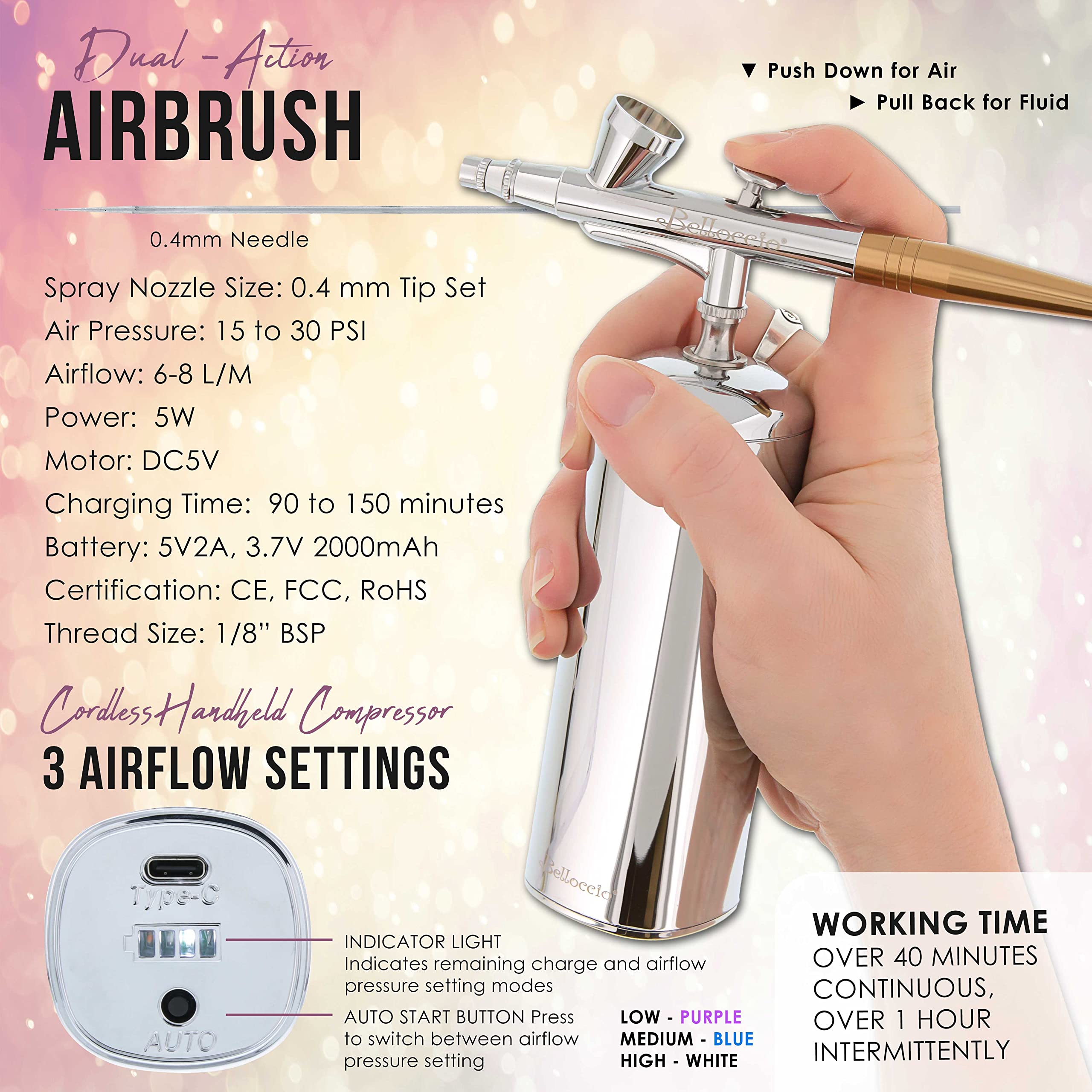 Belloccio Complete Cordless Airbrush Makeup System – 18-Piece Kit with 4 Tan Foundations