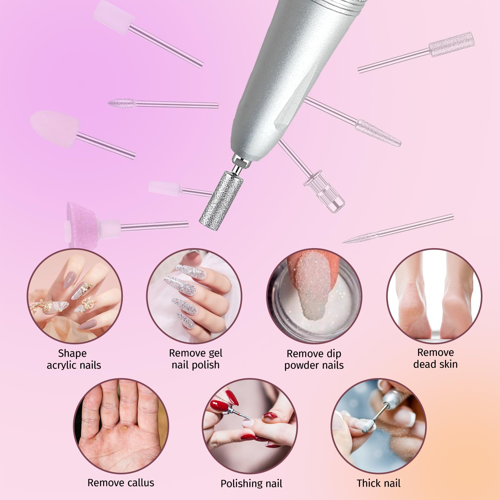 Belovedone Electric Nail Drill 35000RPM – Cordless Pink Nail Kit for Home Salon