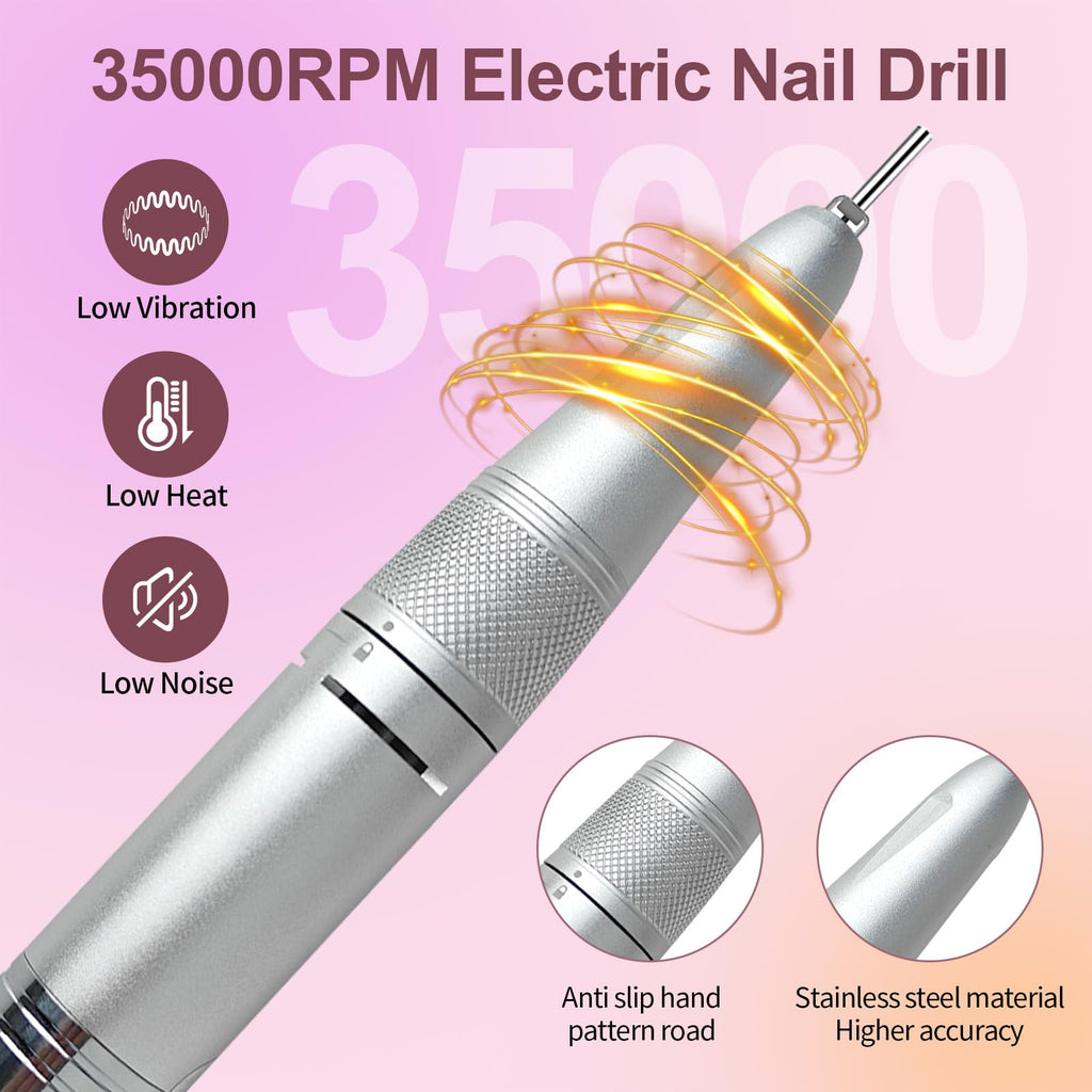 Belovedone Electric Nail Drill 35000RPM – Cordless Pink Nail Kit for Home Salon